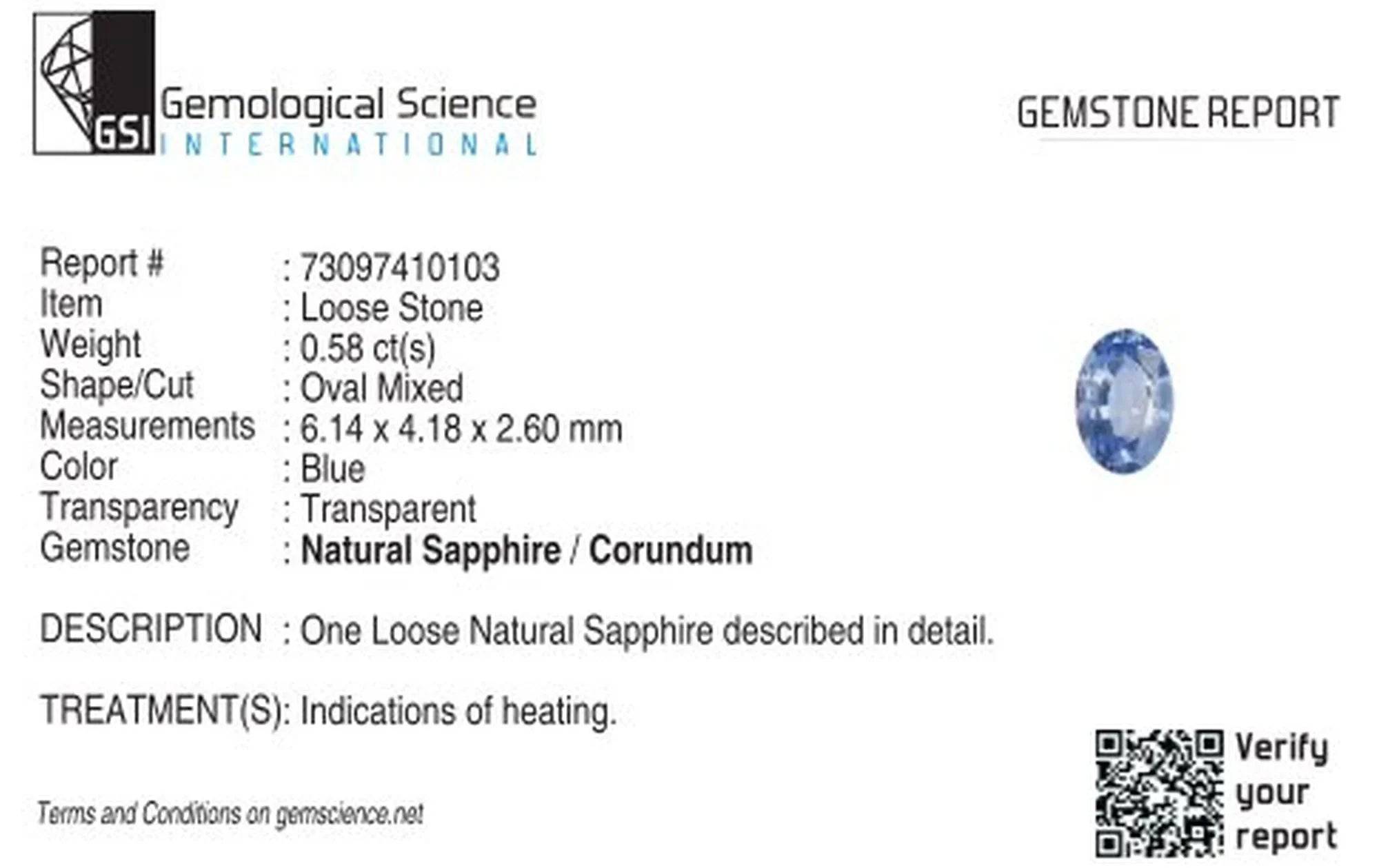 GSI Edelstein-Zertifikat für 0,58 ct oval geschliffenen, blauen, transparenten Saphir