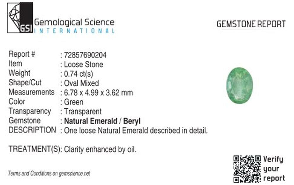 0,74ct ovaler natürlicher Smaragd, Farbe Grün, Reinheit mäßig, facettierter Schliff