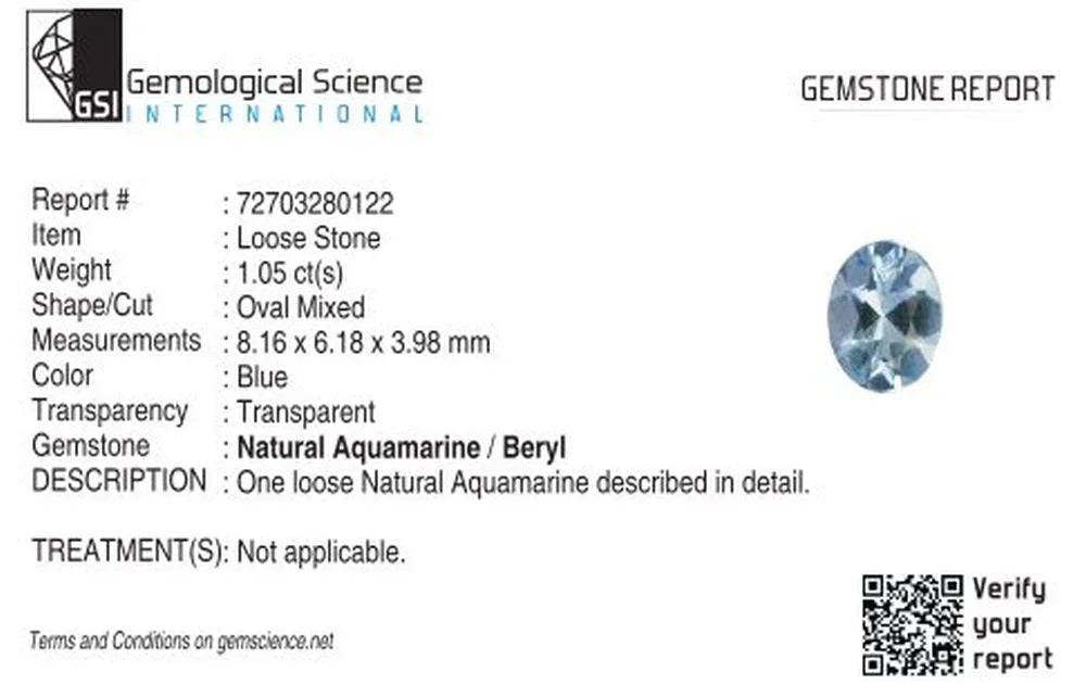 Echtheitszertifikat für einen natürlichen, oval geschliffenen Aquamarin Edelstein, 1,05 ct, transparent blau.