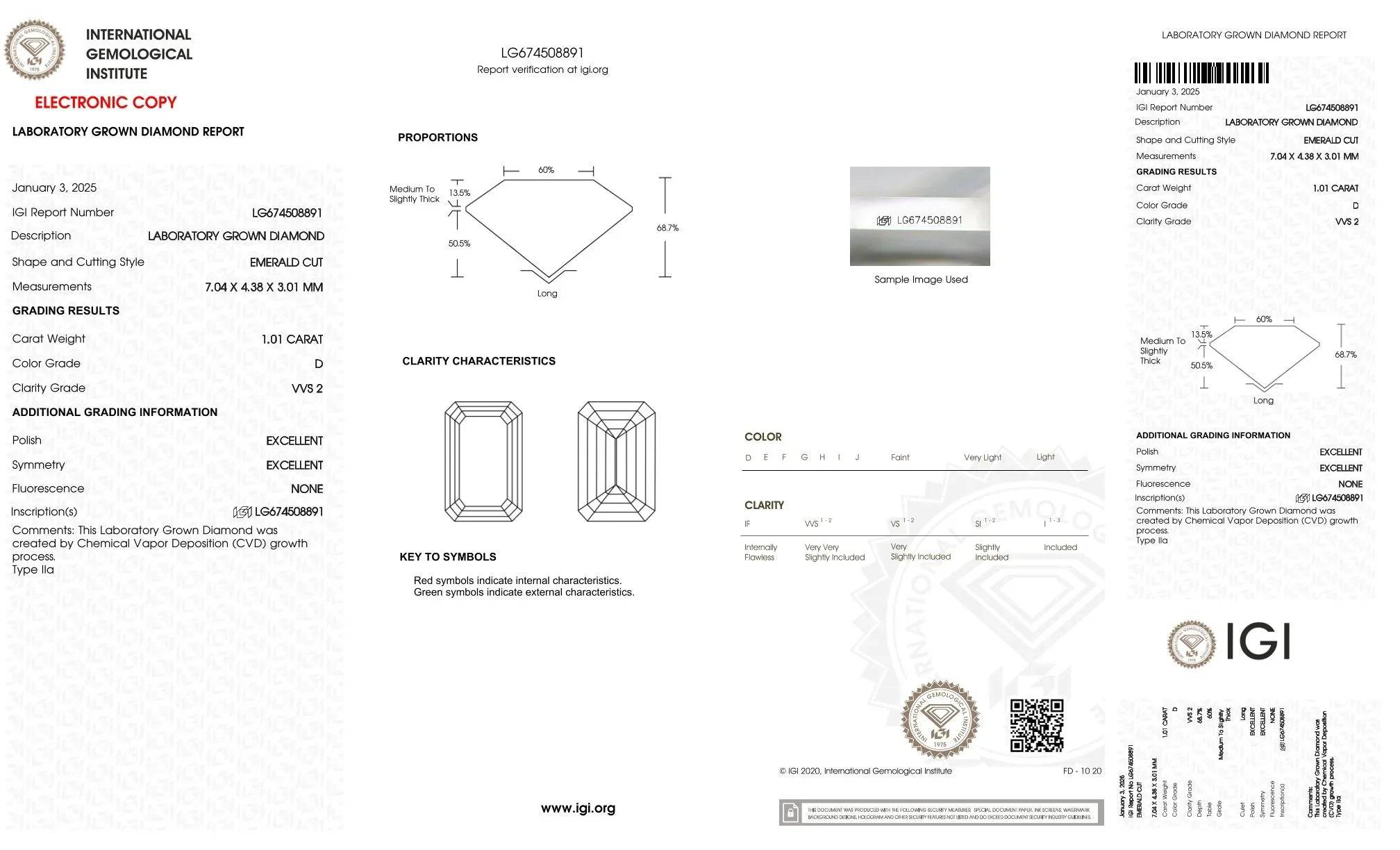 Helles 1,01ct Smaragd-Diamant mit VVS2, D-Farbe, Labordiamant, CVD, HPHT, mit Zertifikat, auf weißem Hintergrund