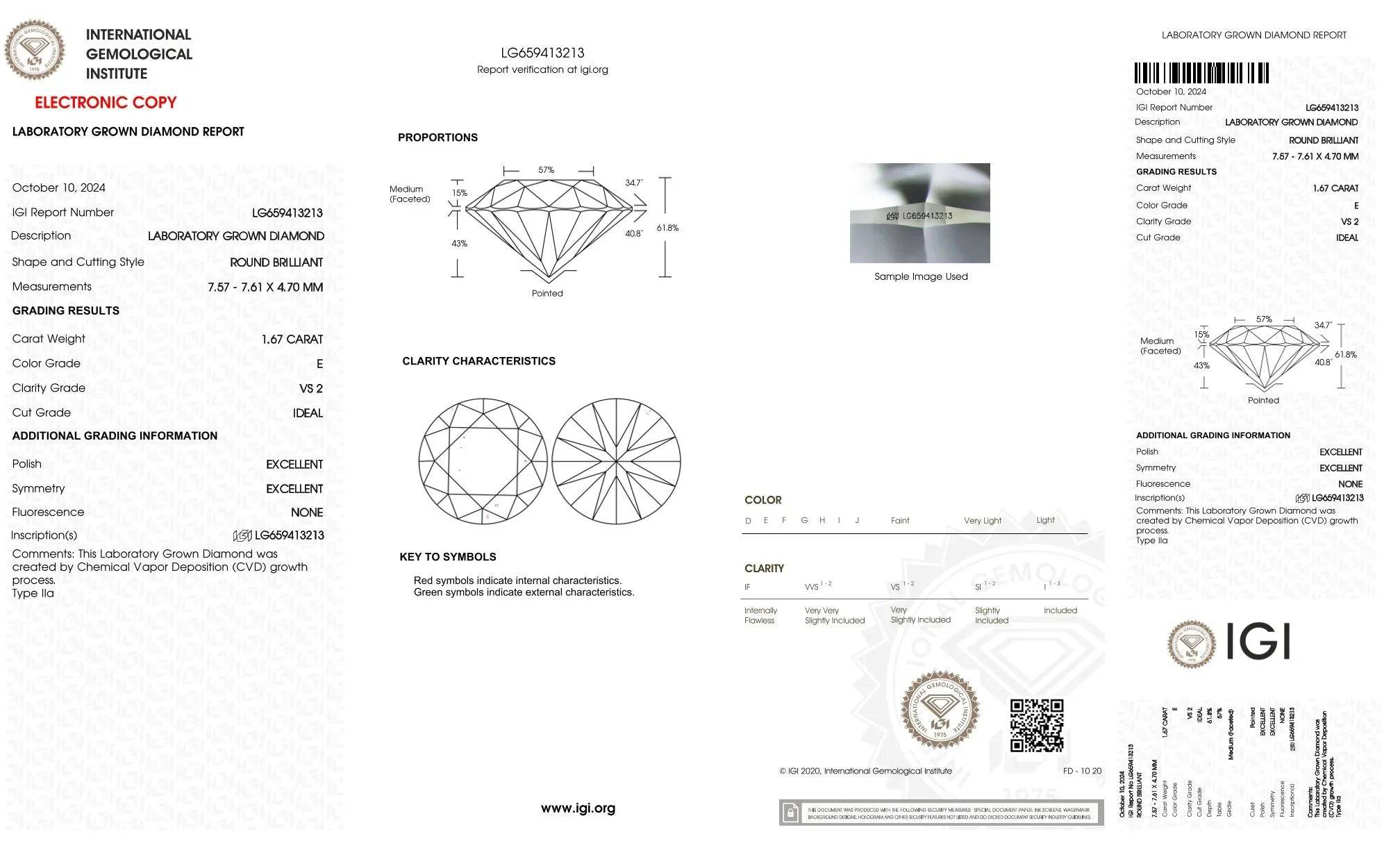 IGI Zertifikat für laborgezüchteten Diamanten, runder Brillantschliff, 1,67 Karat, Farbe E, VS2, idealer Schliff.