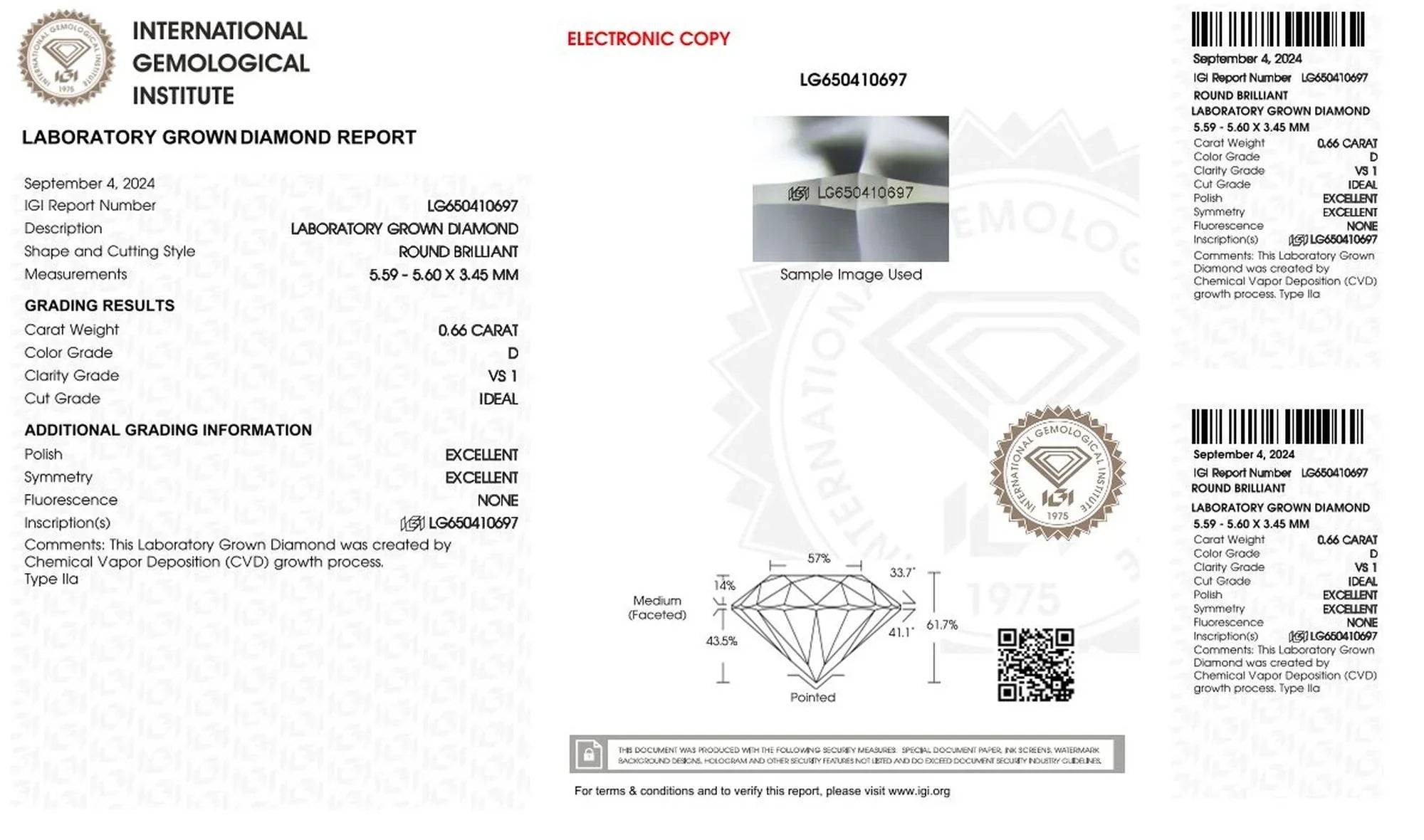IGI-Zertifikat für 0,66 Karat Labor Diamant, rund, Farbe D, VS1, Ideal Schliff