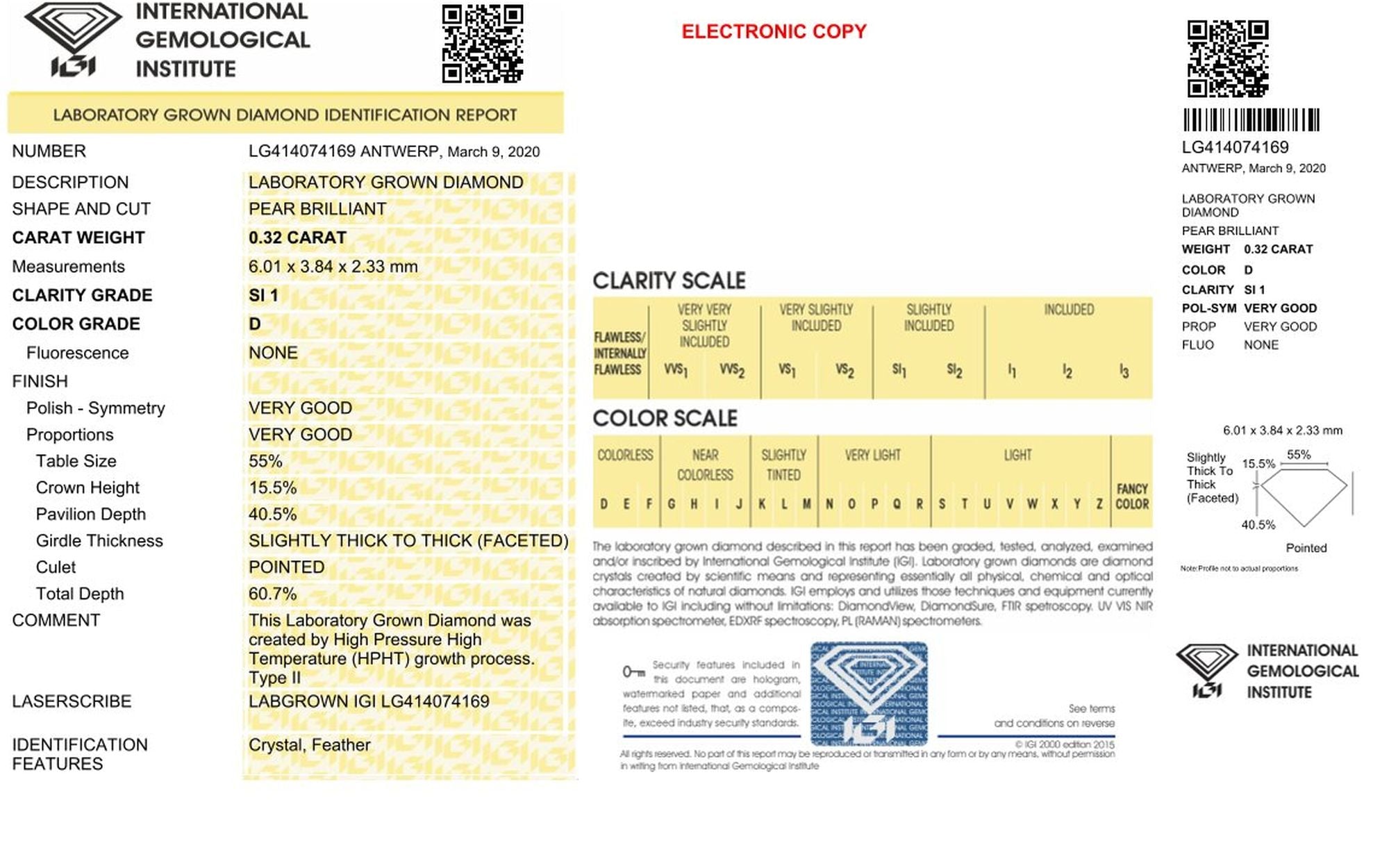 0,32ct IGI Tropfen Diamant, D/ S1, Labordiamant, Lab Grown, Zertifikat, CVD, HPHT