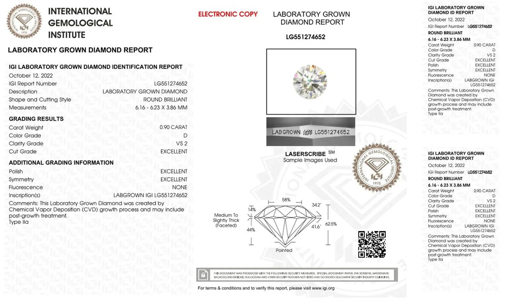 IGI-Zertifikat für 0,90 Karat laborgezüchteten Diamanten, Rundschliff, Farbe D, VS2, exzellente Bewertung