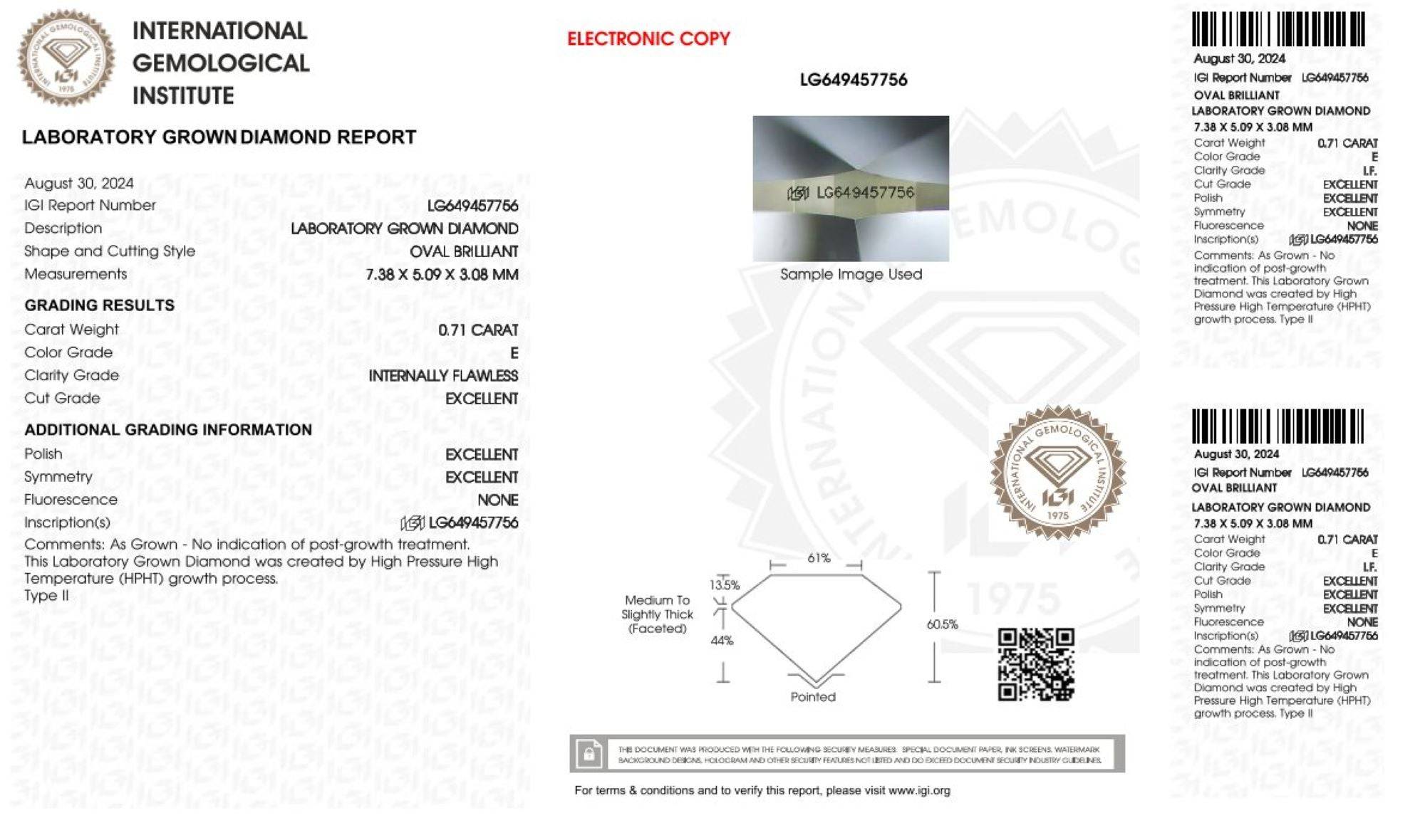 0,71ct IGI Oval Diamant, E/ IF, Labordiamant, Lab Grown, Zertifikat, CVD, HPHT - gems4u.eu