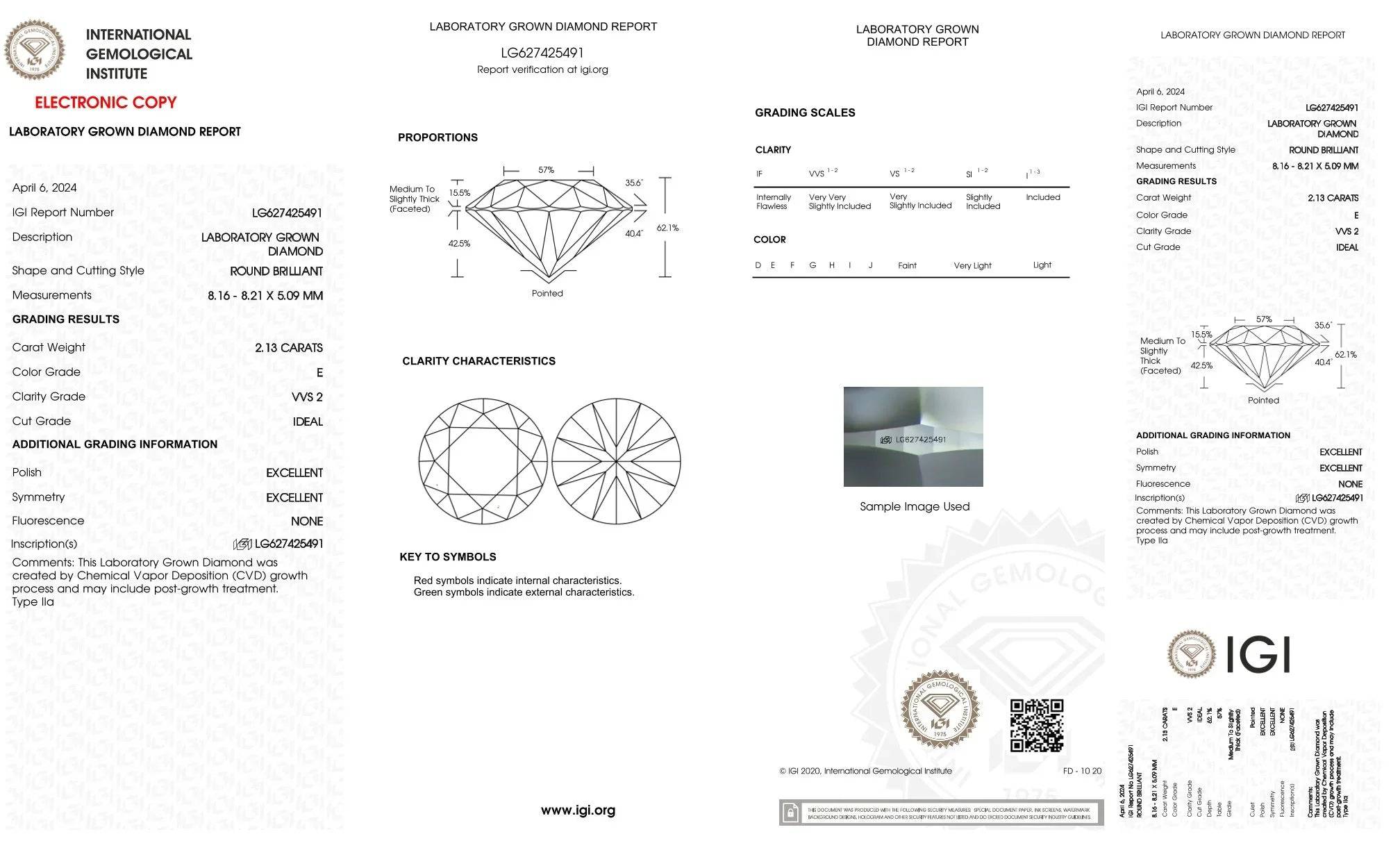 IGI-Zertifikat für Labor Diamant, 2.13 Karat, VVS2, Farbe E, Brillantschliff, CVD, ideale Qualität