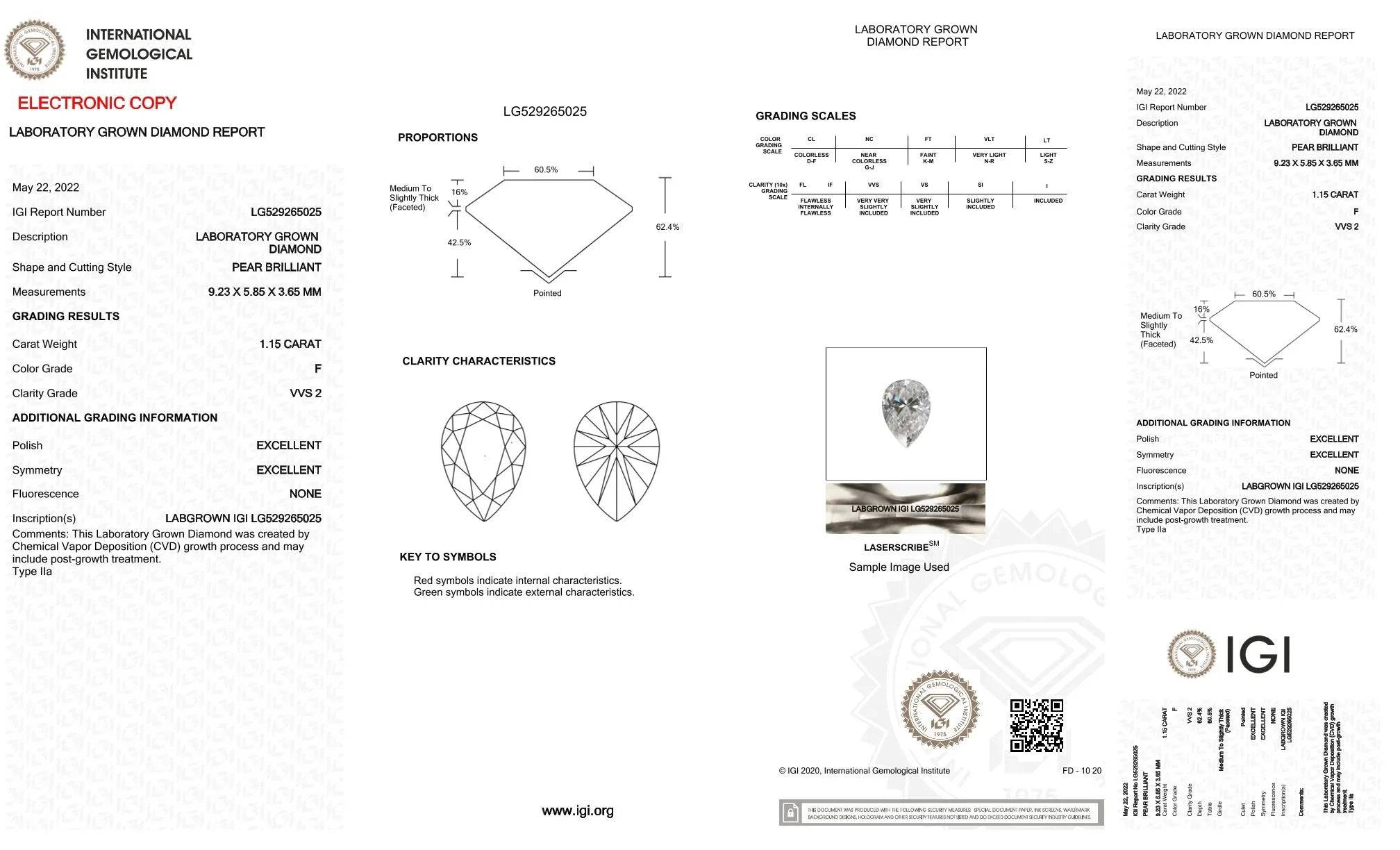 IGI Zertifikat für einen 1,15 Karat CVD Labor Diamant, Birnenschliff, Farbe F, VVS2 Reinheit