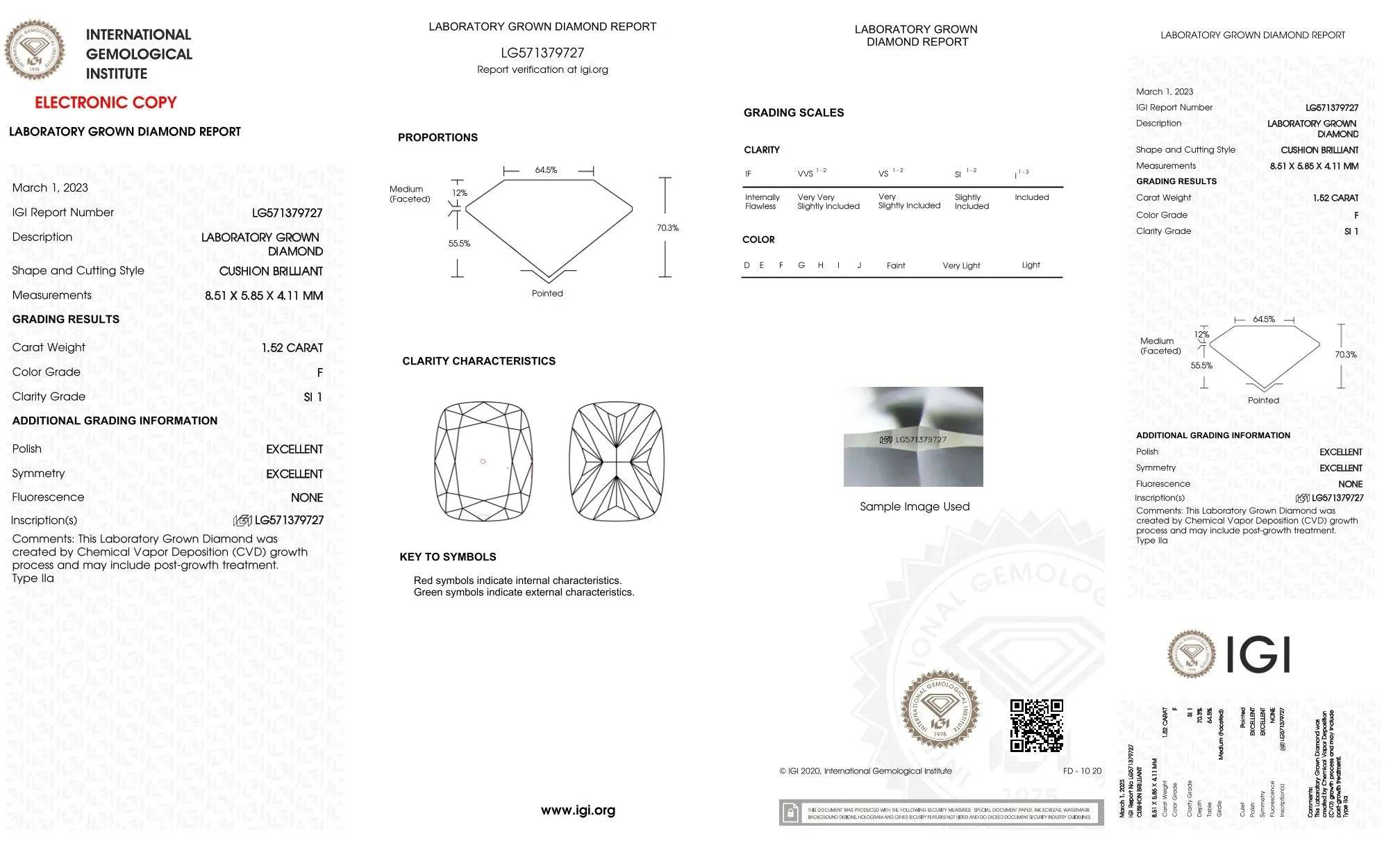 Helles 1,52 Karat IGI Kissen-Diamant von gems4u.eu, F/SI1, Labordiamant mit Zertifikat, CVD und HPHT Herstellung.