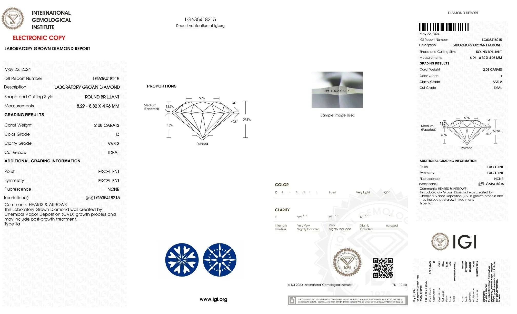 IGI-Zertifikat Labor Diamant 2,08ct rund Brillant VVS2 D Ideal, CVD-Bericht mit Proportionen und Diagrammen