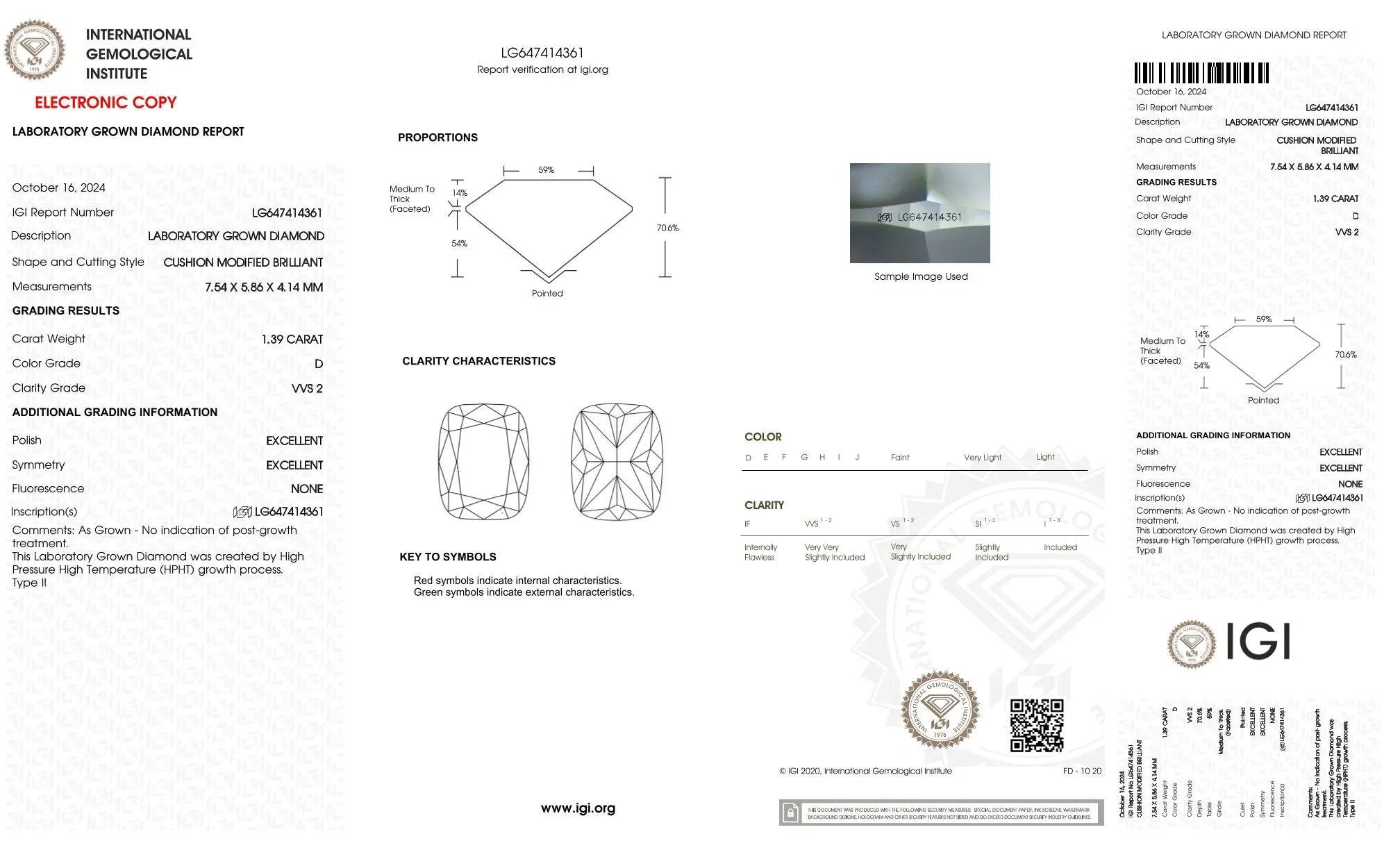 IGI-Zertifikat für Labor Diamant, Cushion Modified Brilliant, 1,39 Karat, Farbe D, VVS2