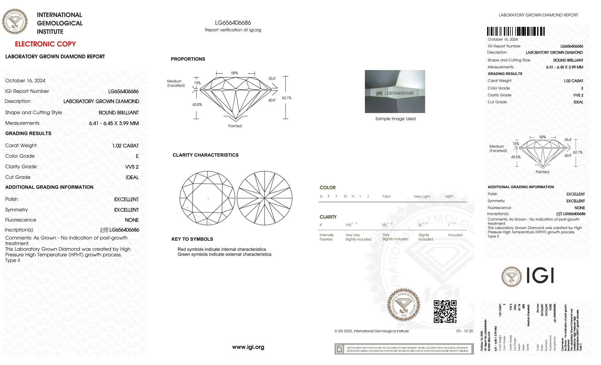 IGI-Zertifikat für runden Brilliant-Labordiamant, 1,02 ct, Farbe E, VVS2, HPHT, Ideal-Schliff