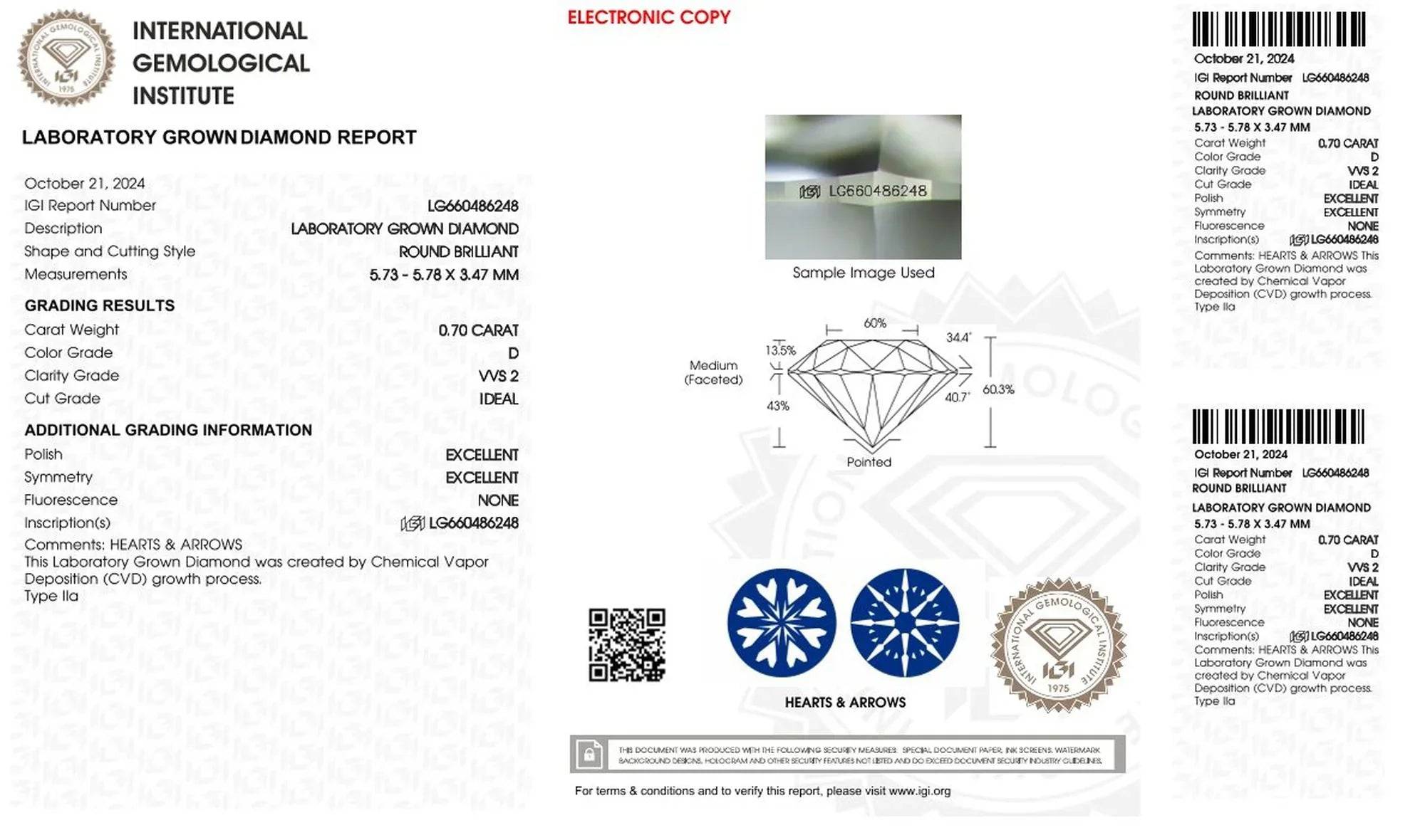 IGI-Zertifikat für Labor-Diamant, rund, 0,70 Karat, D-Farbe, VVS2, Ideal-Schliff, Hearts & Arrows