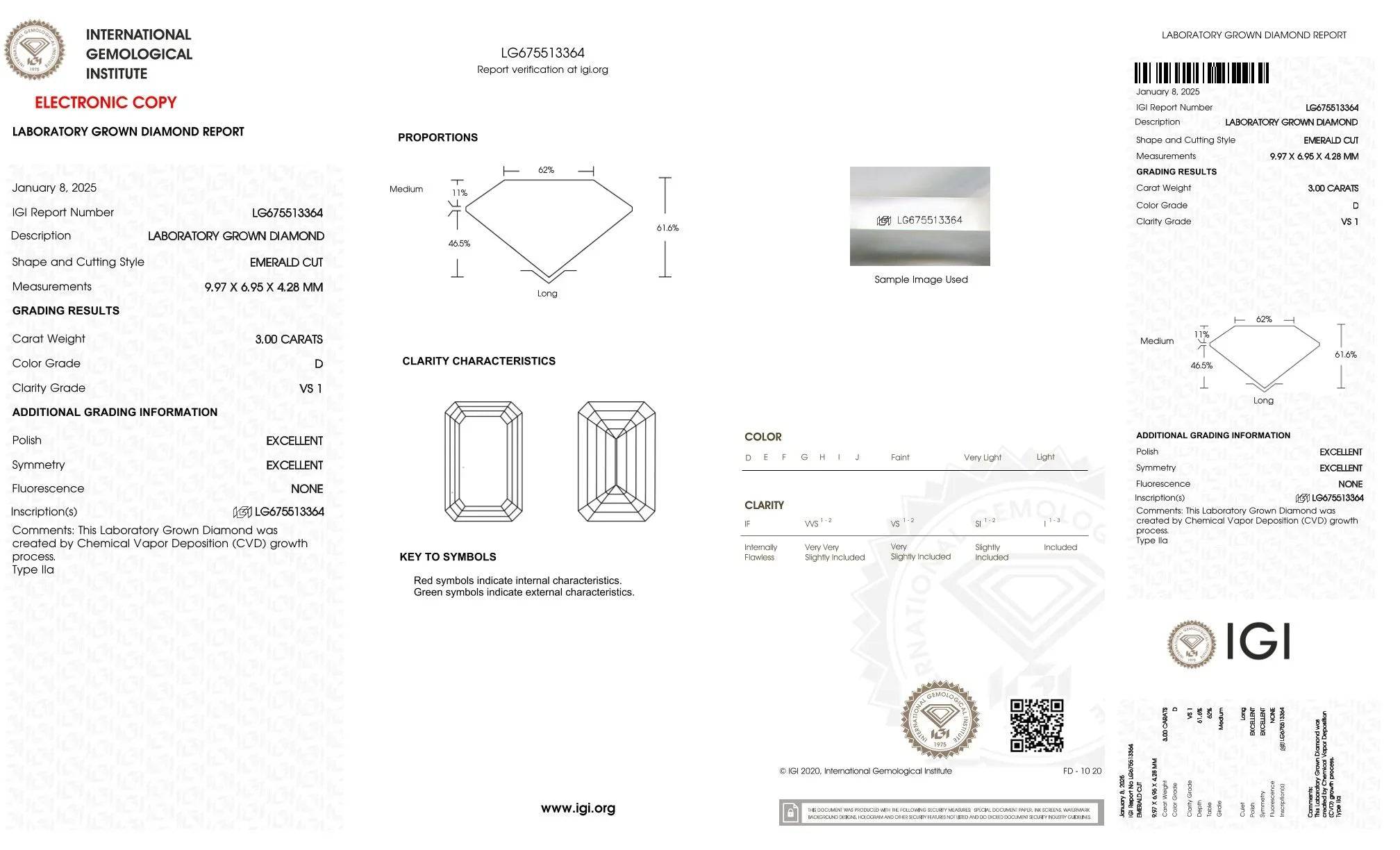 IGI Zertifikat für 3.00 Karat CVD-Labordiamant, Smaragdschliff, Farbe D, Reinheit VS1.