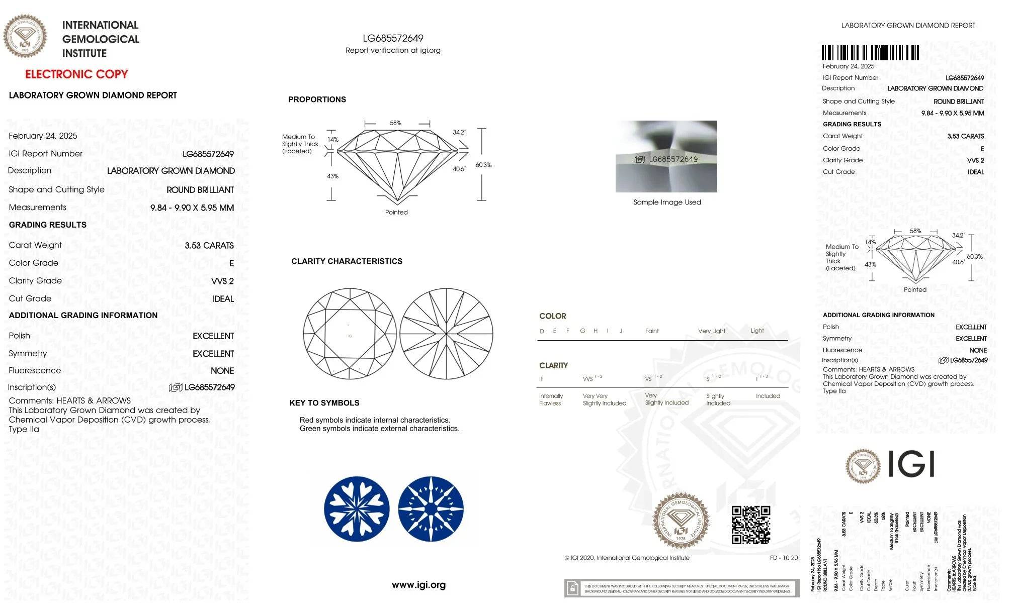IGI-Zertifikat für 3,53ct runder Labor-Diamant, VVS2, Farbe E, Ideal Cut, CVD, Hearts & Arrows