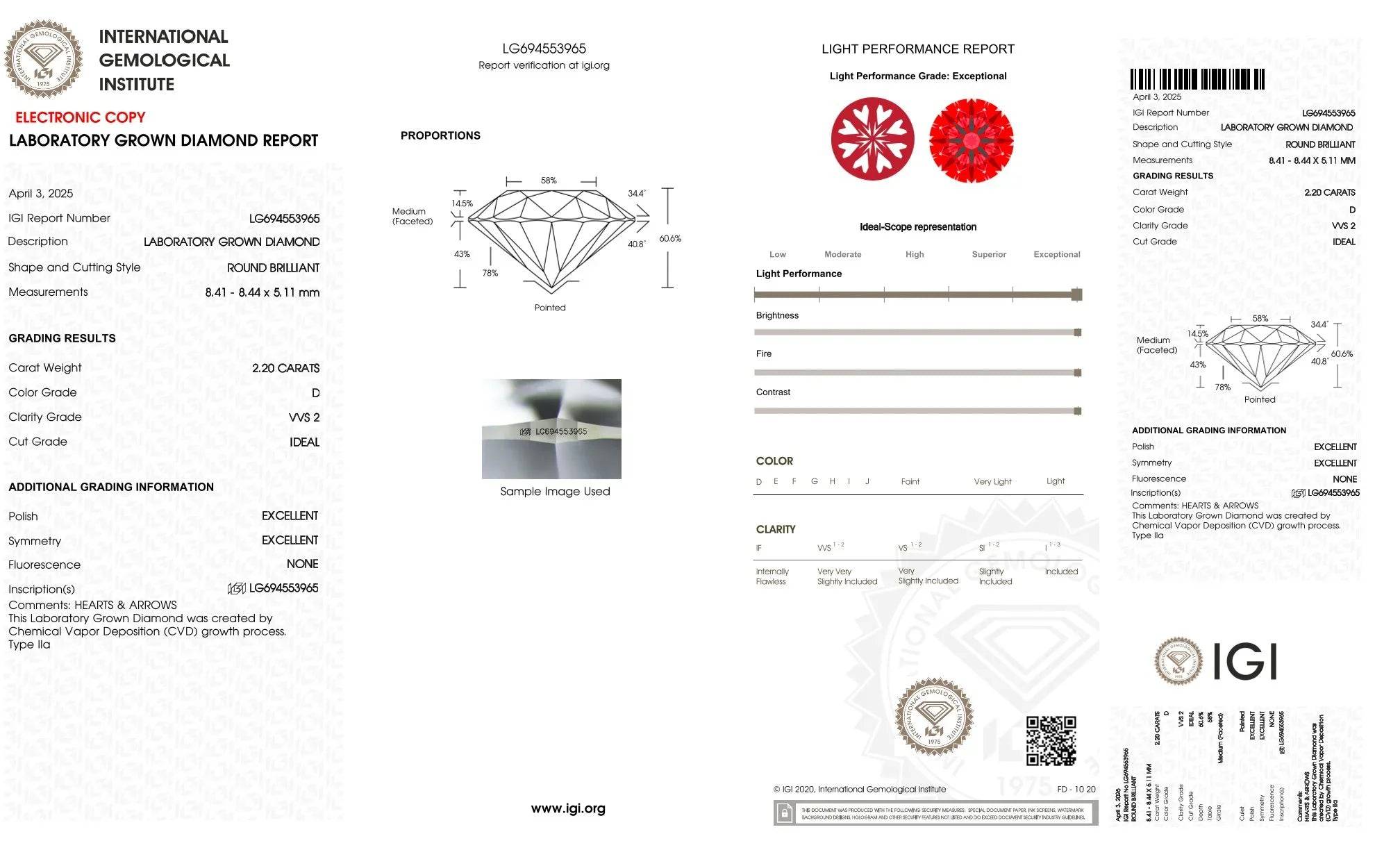 IGI Zertifikat für runden Brillanten, 2,20 Karat, Labor Diamant, Farbe D, Reinheit VS2, CVD