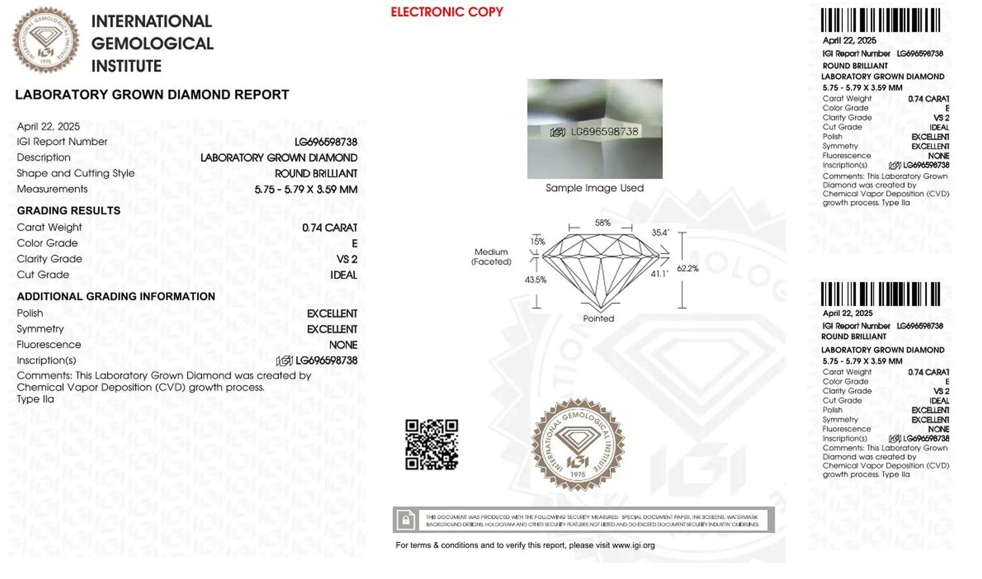 0,74ct IGI Diamant, E/ VS2, Labordiamant, Lab Grown, Zertifikat, CVD, HPHT - gems4u.eu