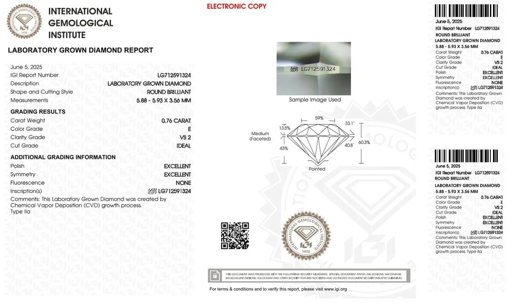 0,76ct IGI Diamant, E/ VS2, Labordiamant, Lab Grown, Zertifikat, CVD, HPHT - gems4u.eu