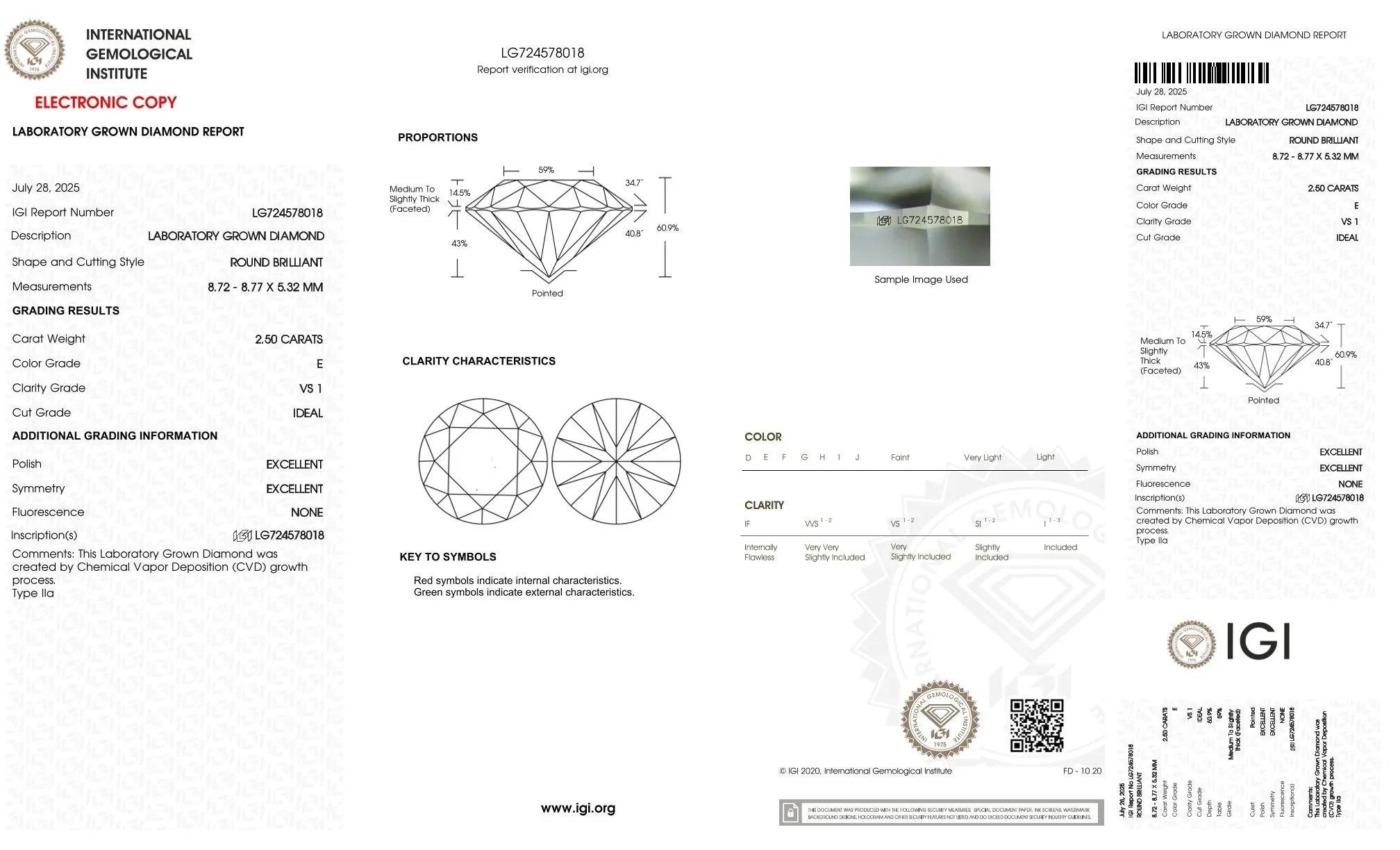 IGI Zertifikat für 2,50 Karat Labor-Diamant, rund, VS1, Farbe E, ideales Schliffbild