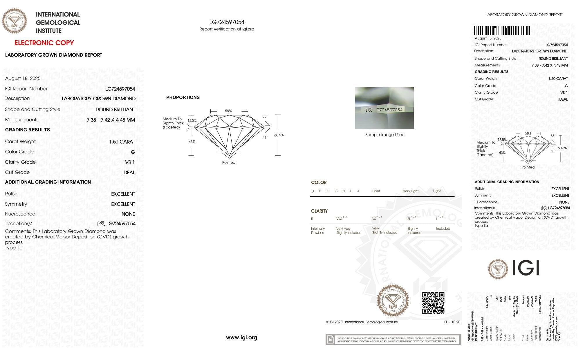 1,50ct IGI Diamant, G/ VS1, Labordiamant, Lab Grown, Zertifikat, CVD, HPHT