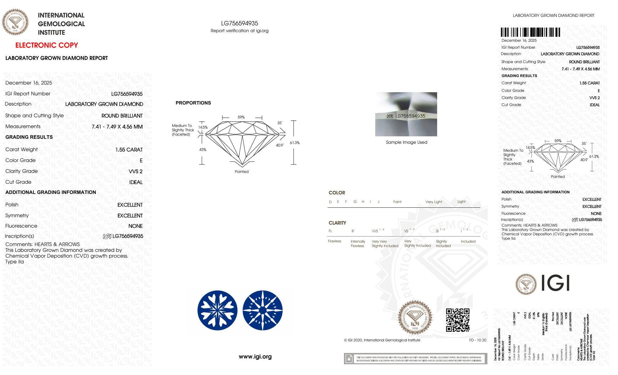 1,55ct IGI Diamant, E/ VVS2, Labordiamant, Lab Grown, CVD, HPHT, Hearts & Arrows - gems4u.eu