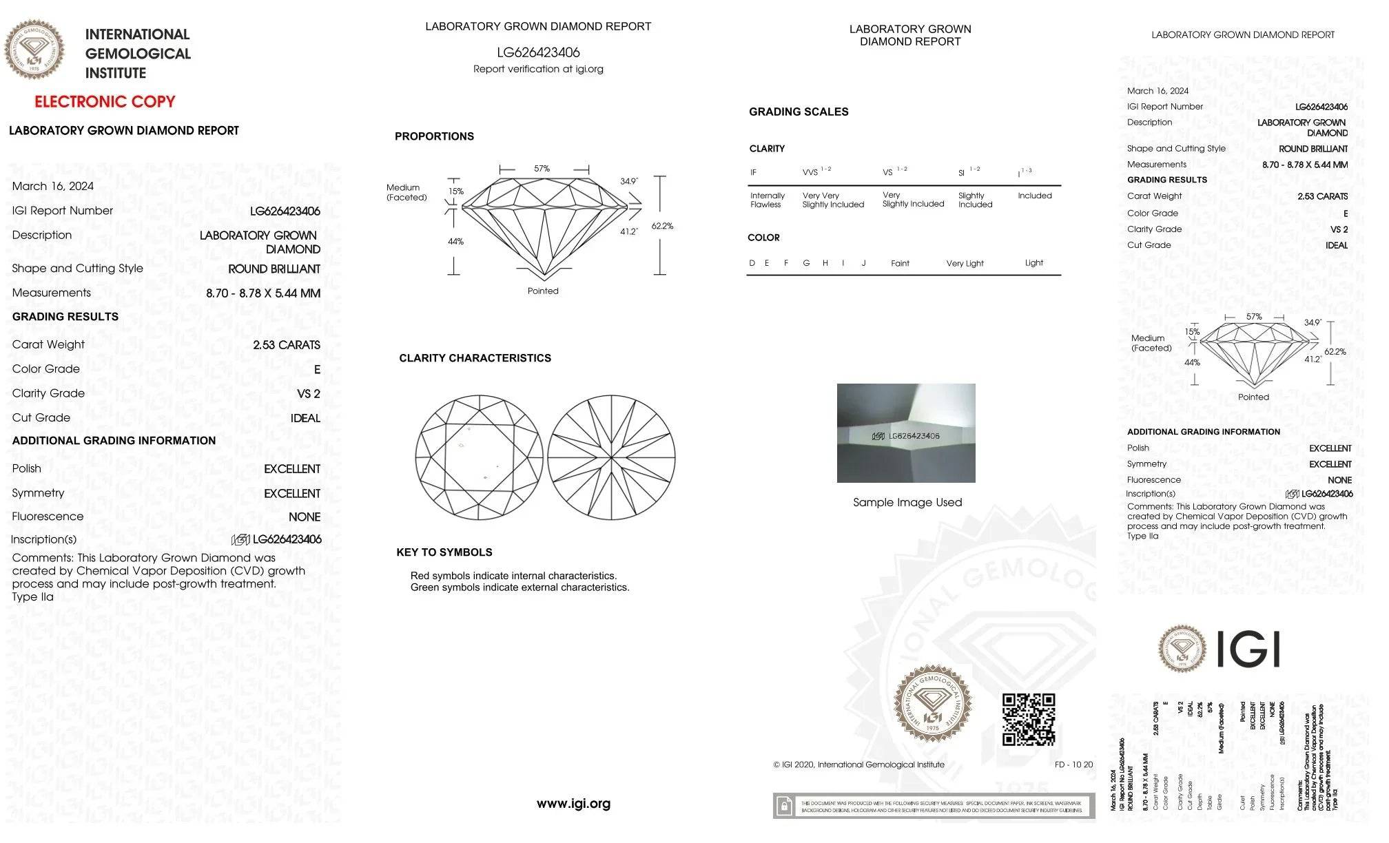 IGI Zertifikat für laborgezüchteten Diamanten, rund, 2.53 Karat, Farbe E, VS2, CVD-Verfahren