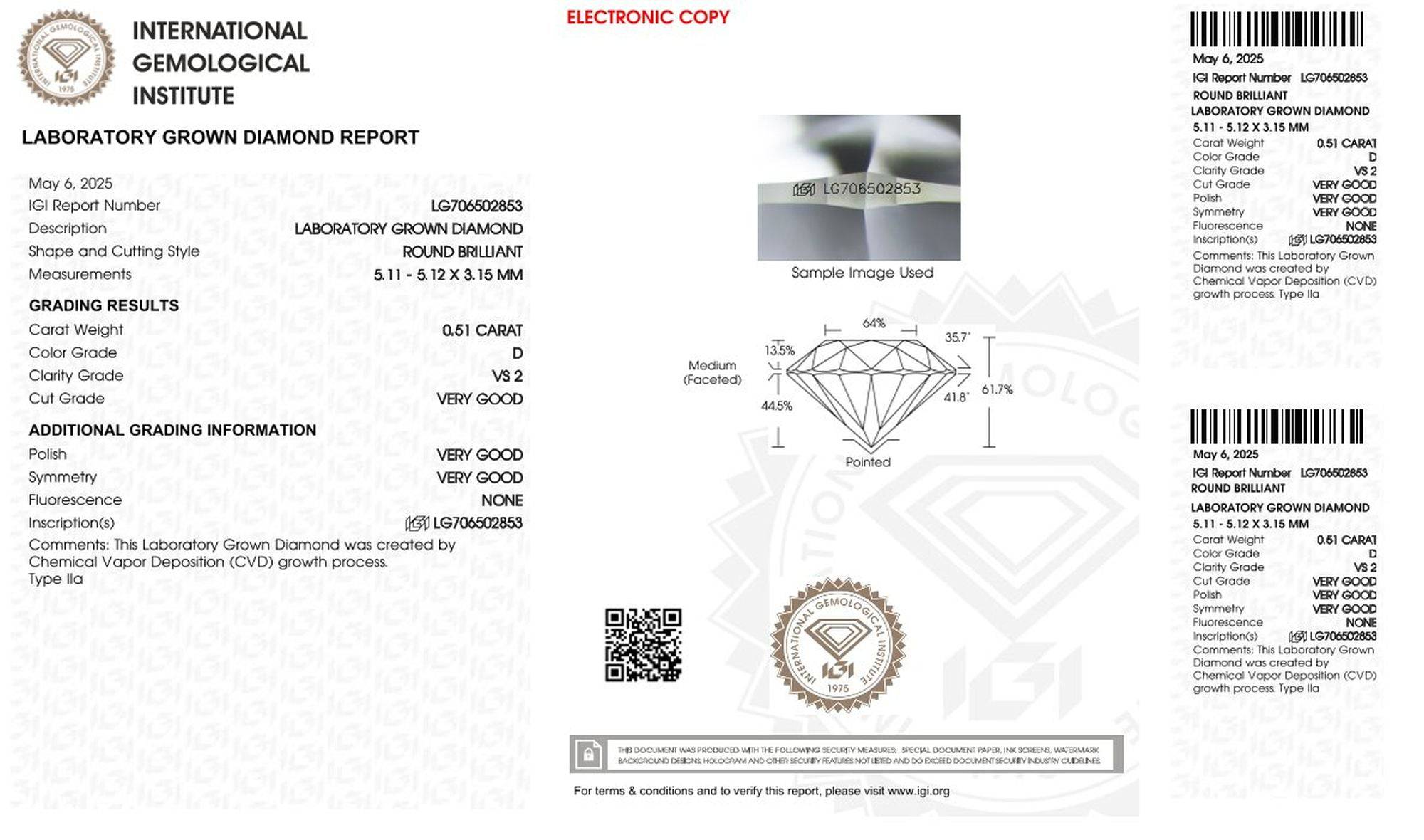 0,51ct IGI Diamant, D/ VS2, Labordiamant, Lab Grown, Zertifikat, CVD, HPHT - gems4u.eu
