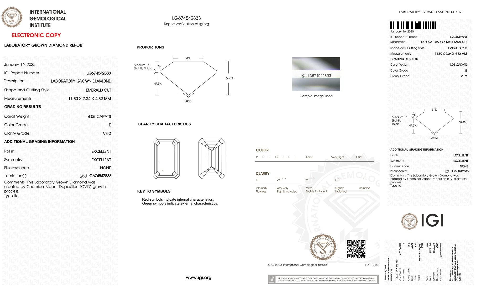 4,05ct IGI Smaragd Diamant, E/ VS2, Labordiamant, Lab Grown, Zertifikat, CVD, HPHT - gems4u.eu