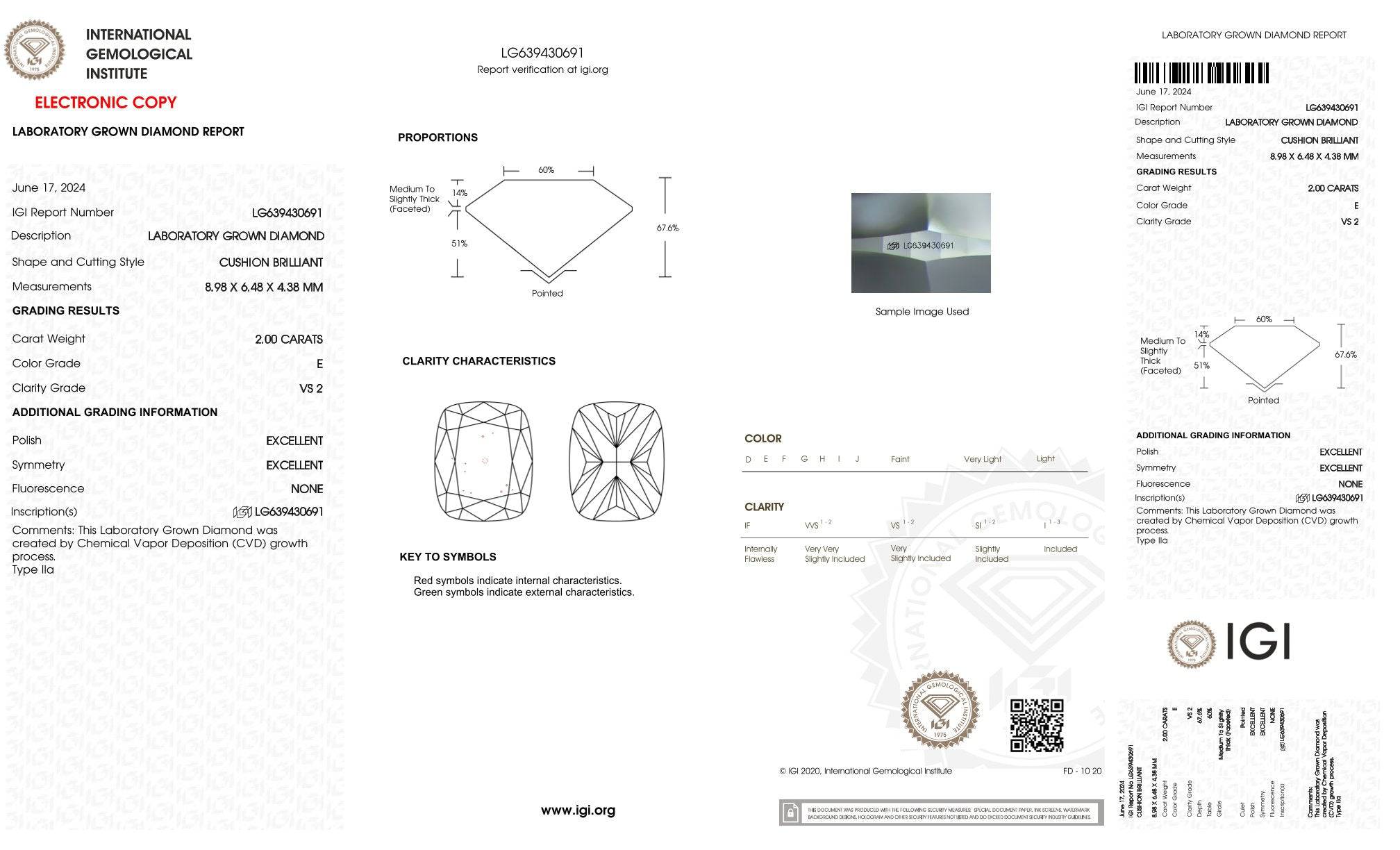 2,00ct IGI Kissen Diamant, E/ VS2, Labordiamant, Lab Grown, Zertifikat, CVD, HPHT - gems4u.eu