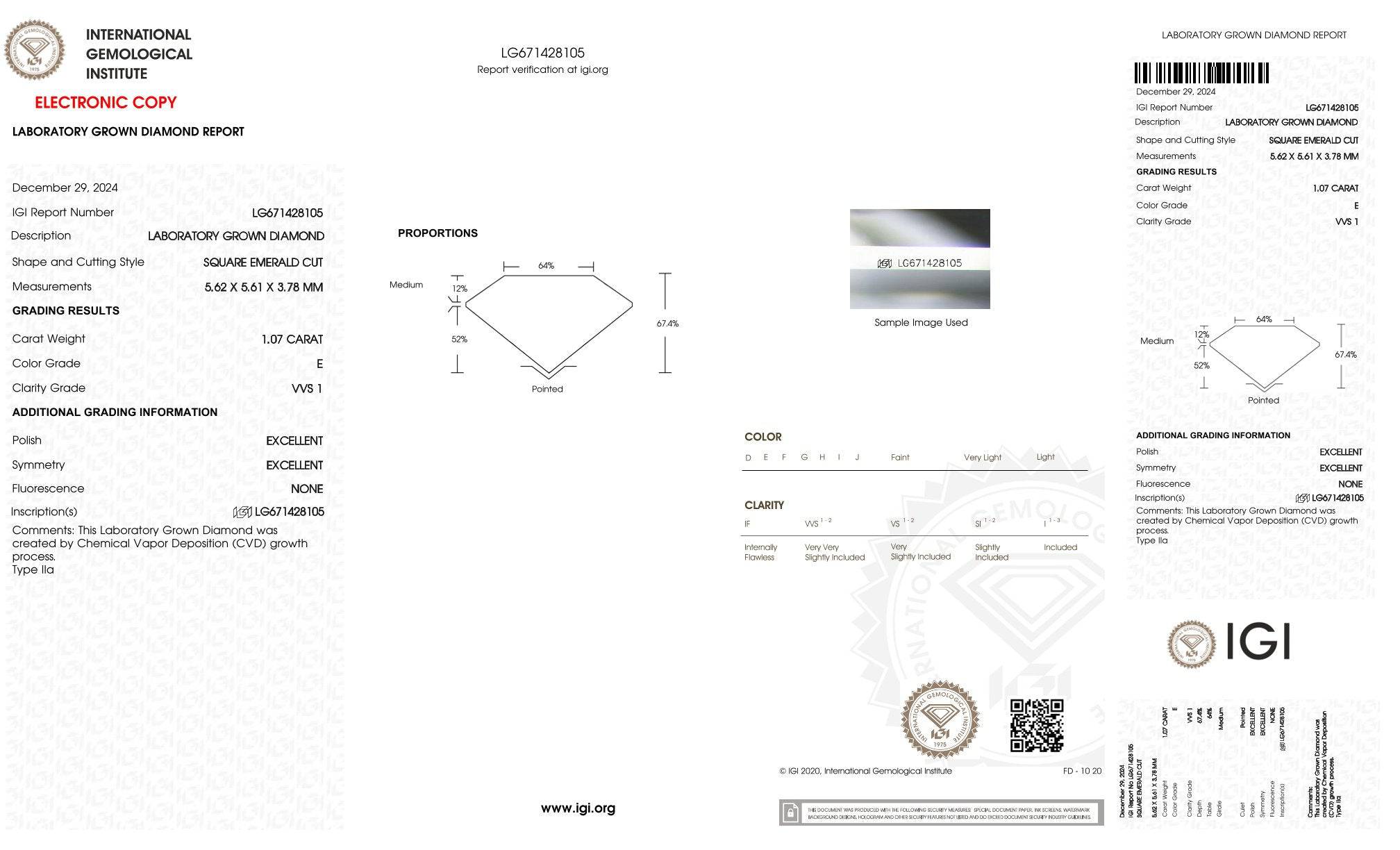 1,07ct quardatischer Smaragt IGI Diamant, E/ VVS1, Labordiamant, Lab Grown, CVD, HPHT - gems4u.eu