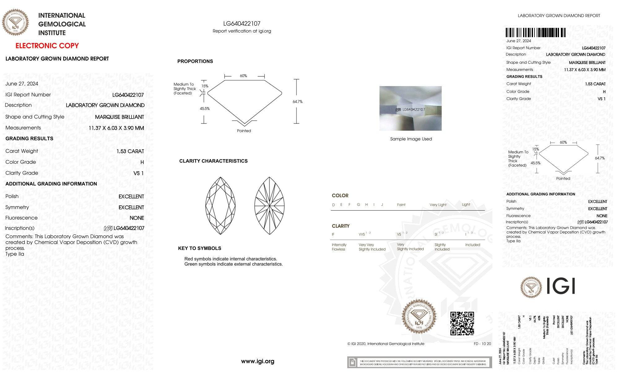 1,53ct IGI Marquise Diamant, H/ VS1, Labordiamant, Lab Grown, Zertifikat, CVD, HPHT - gems4u.eu