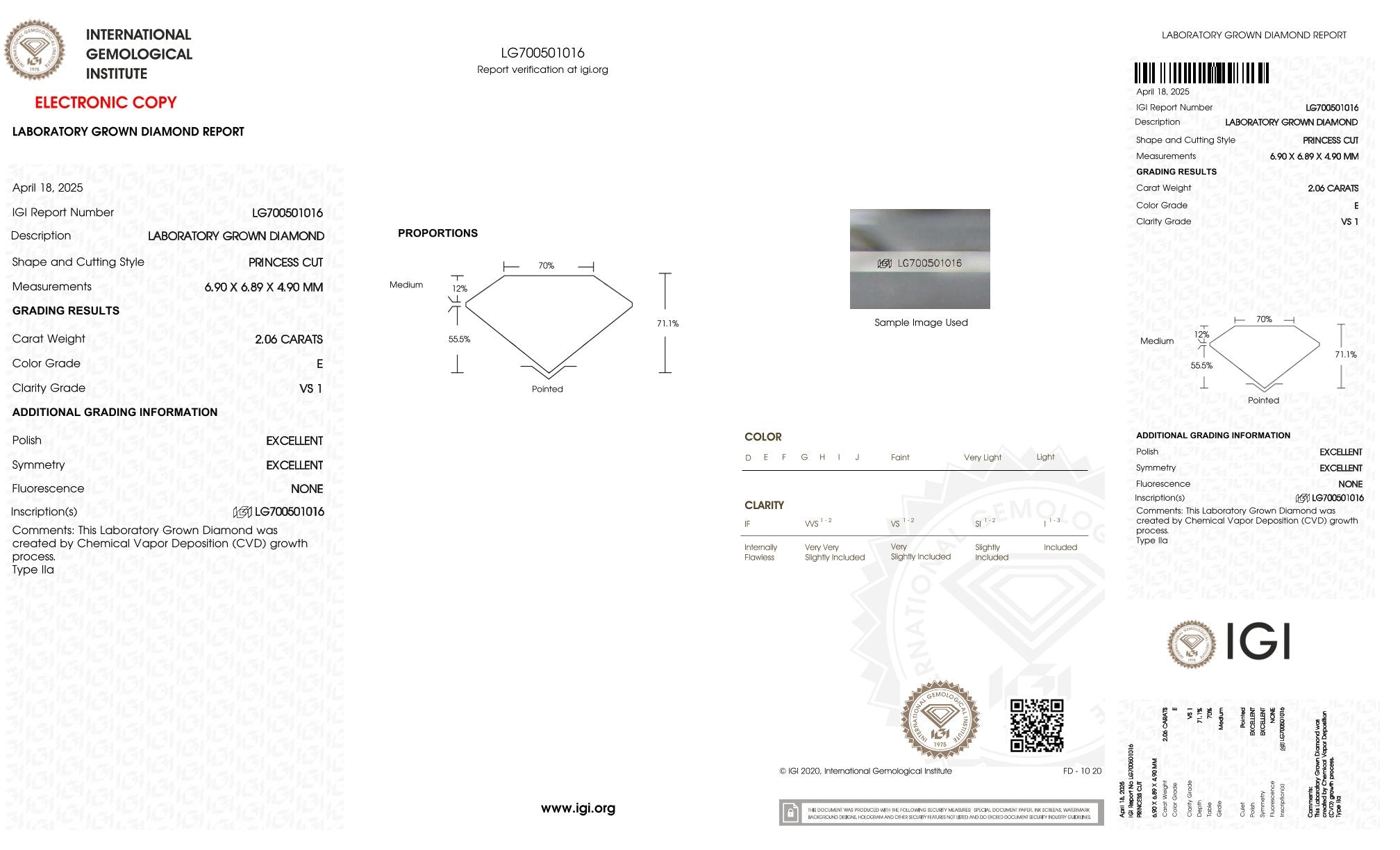 2,06ct IGI Princess Diamant, E/ VS1, Labordiamant, Lab Grown, Zertifikat, CVD, HPHT