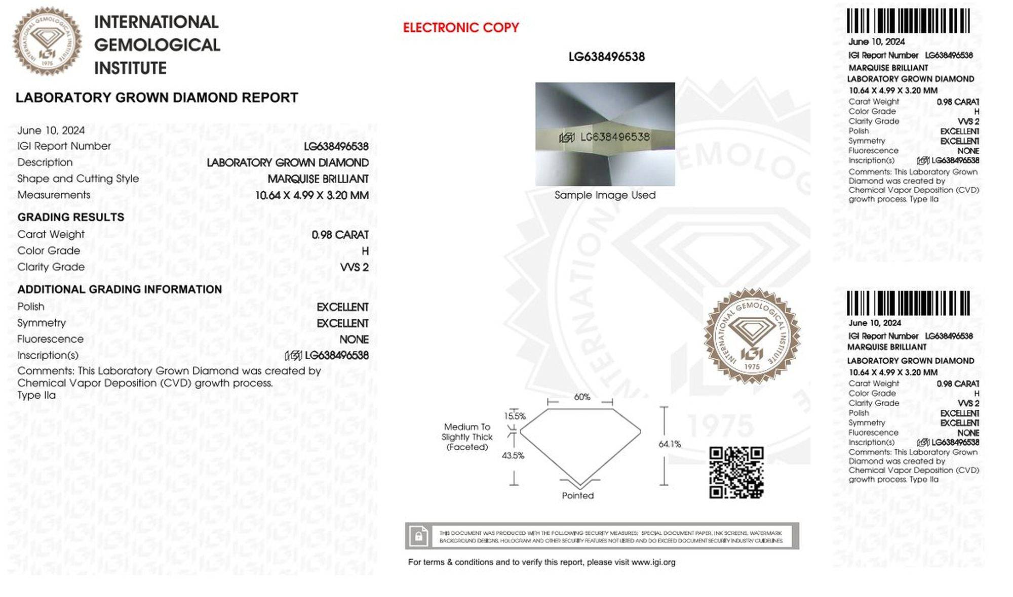 0,98ct IGI Marquise Diamant, H/ VVS2, Labordiamant, Lab Grown, Zertifikat, CVD, HPHT - gems4u.eu