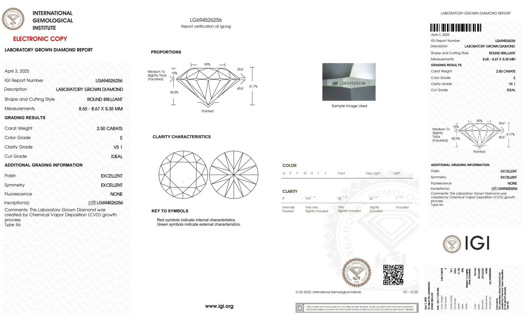 IGI-Laborbericht für einen runden Brillantschliff-Labordiamanten, 2,50 Karat, VS1, Farbe E, Ideal Cut.