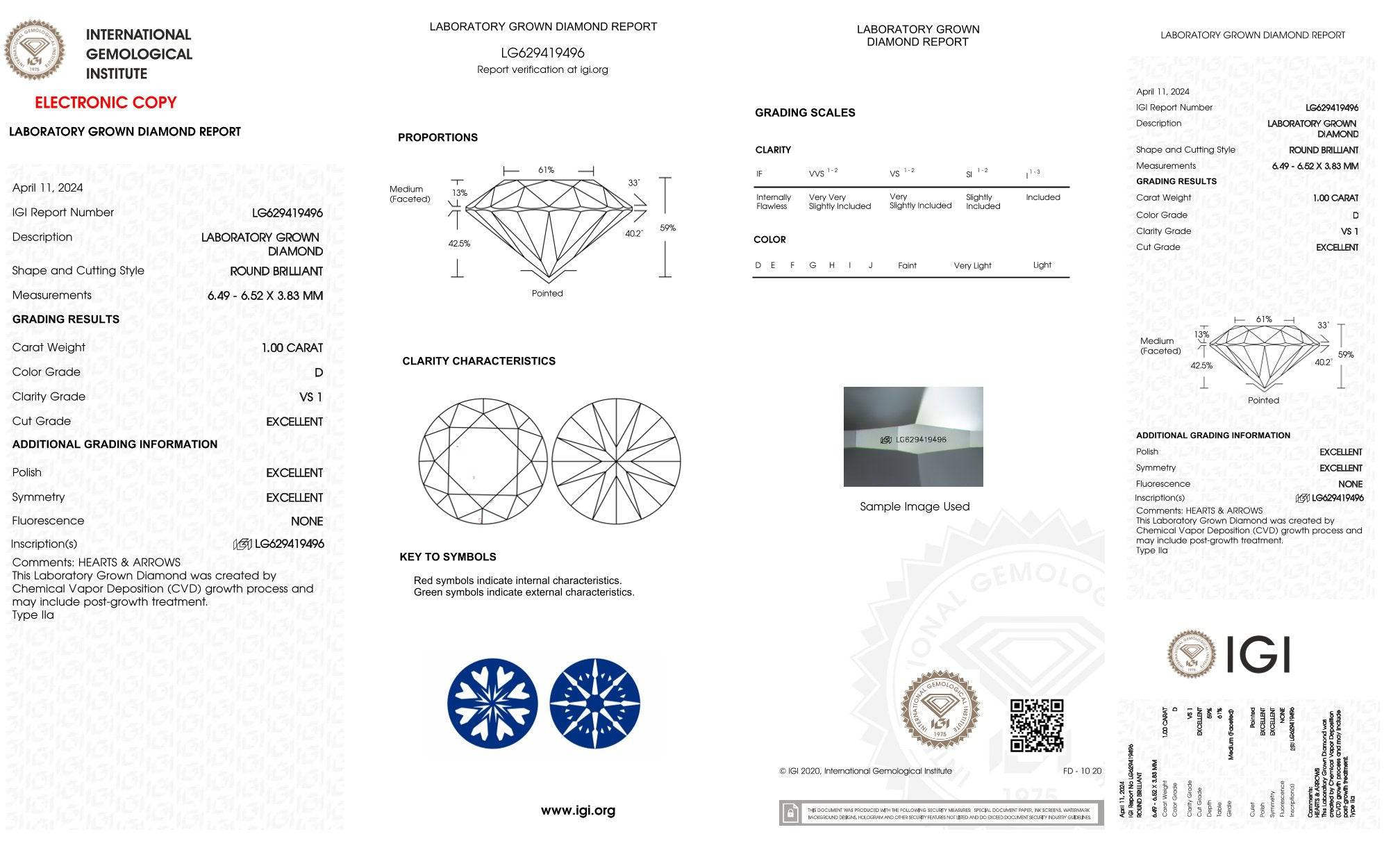 1,00ct IGI Diamant, D/ VS1, Labordiamant, Lab Grown, CVD, HPHT, Hearts & Arrows - gems4u.eu