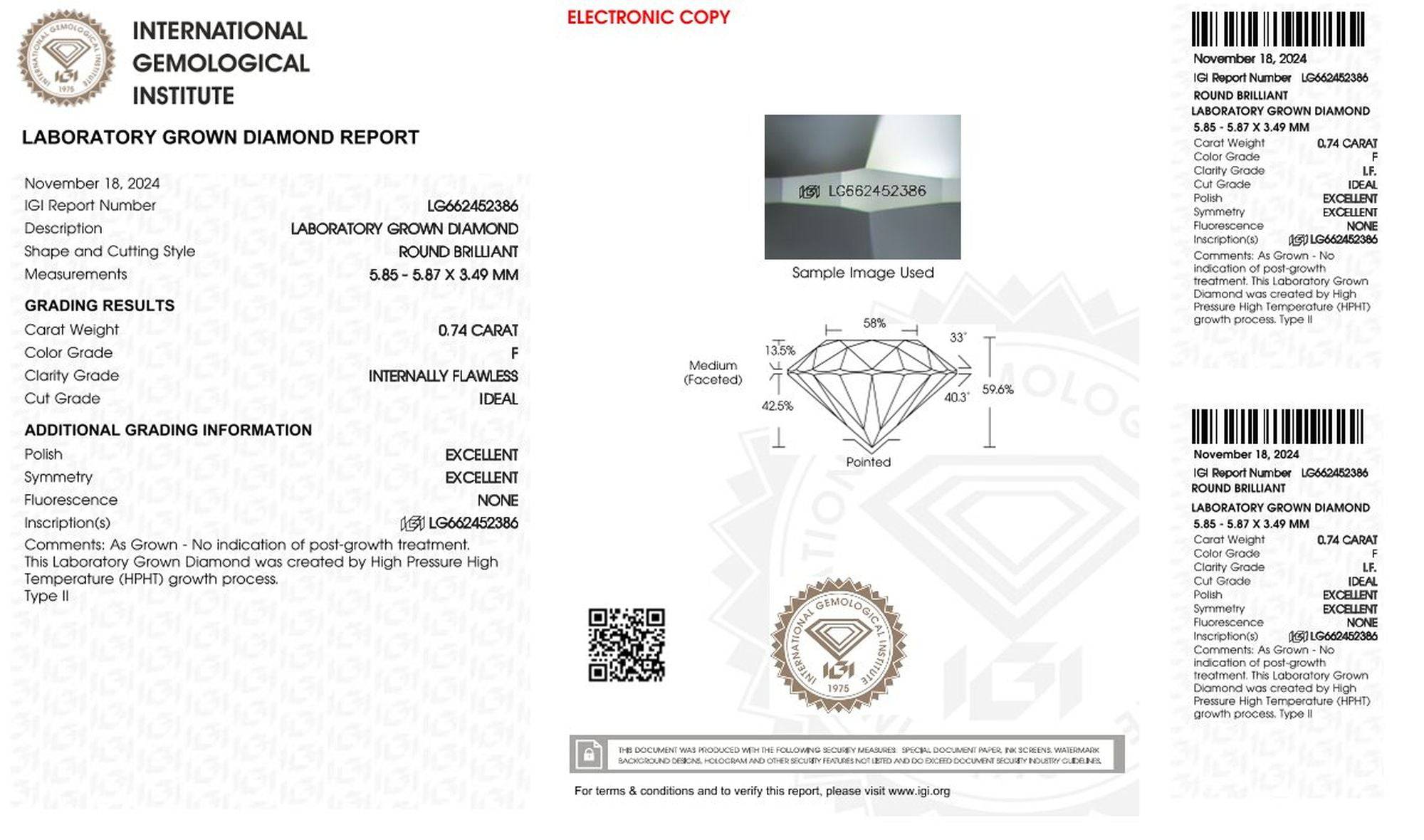 0,74ct IGI Diamant, F/ IF, Labordiamant, Lab Grown, Zertifikat, CVD, HPHT - gems4u.eu
