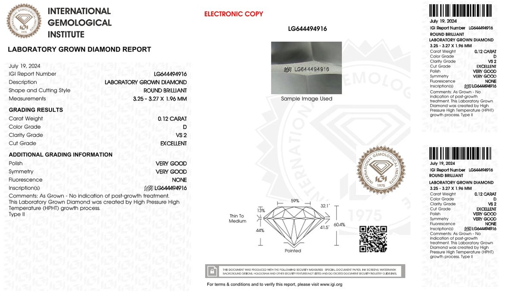 0,12ct IGI Diamant, D/ VS2, Labordiamant, Lab Grown, Zertifikat, CVD, HPHT