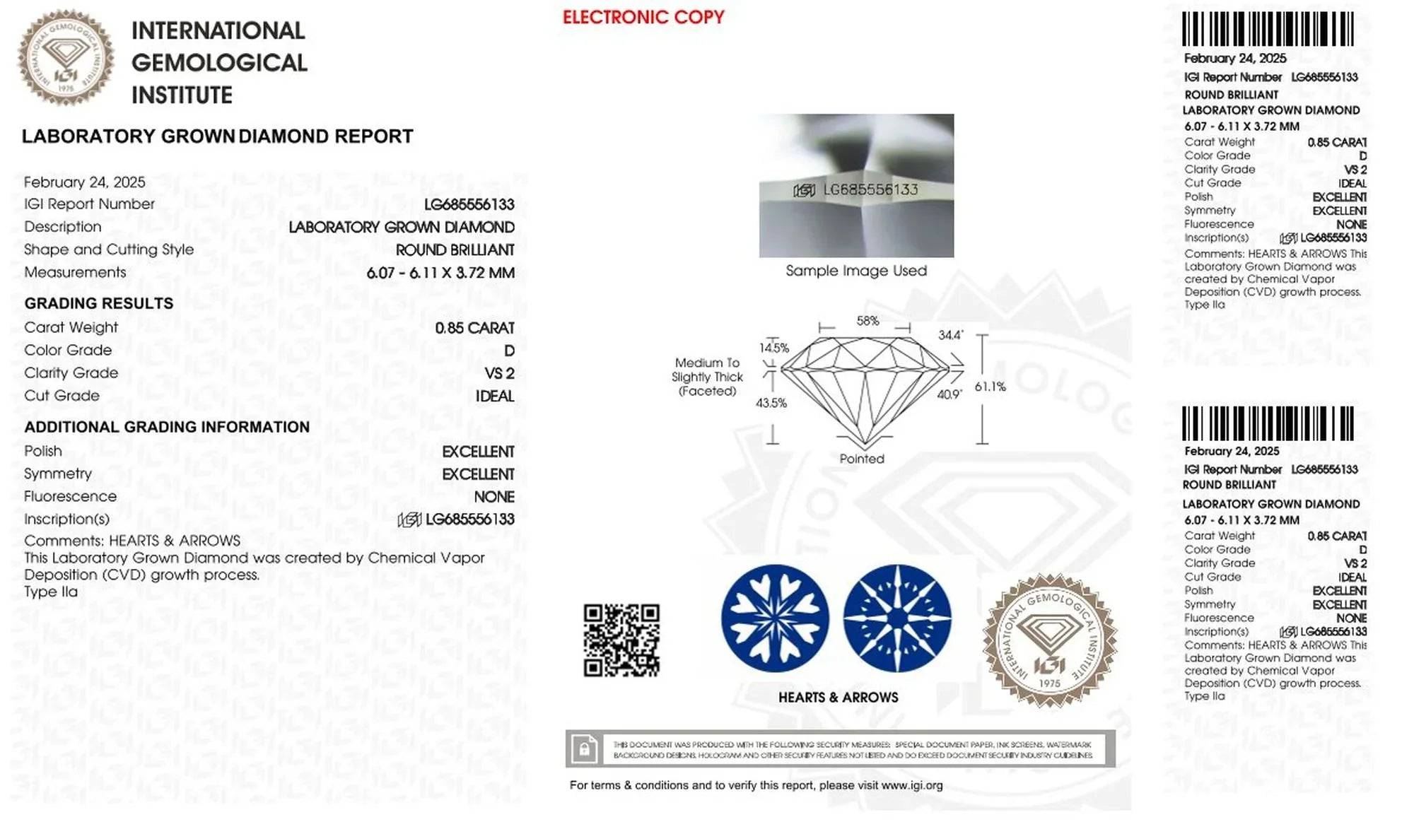 IGI Zertifikat für runden, im Labor gezüchteten Diamanten 0,85 Karat, D VS2, Ideal-Schliff