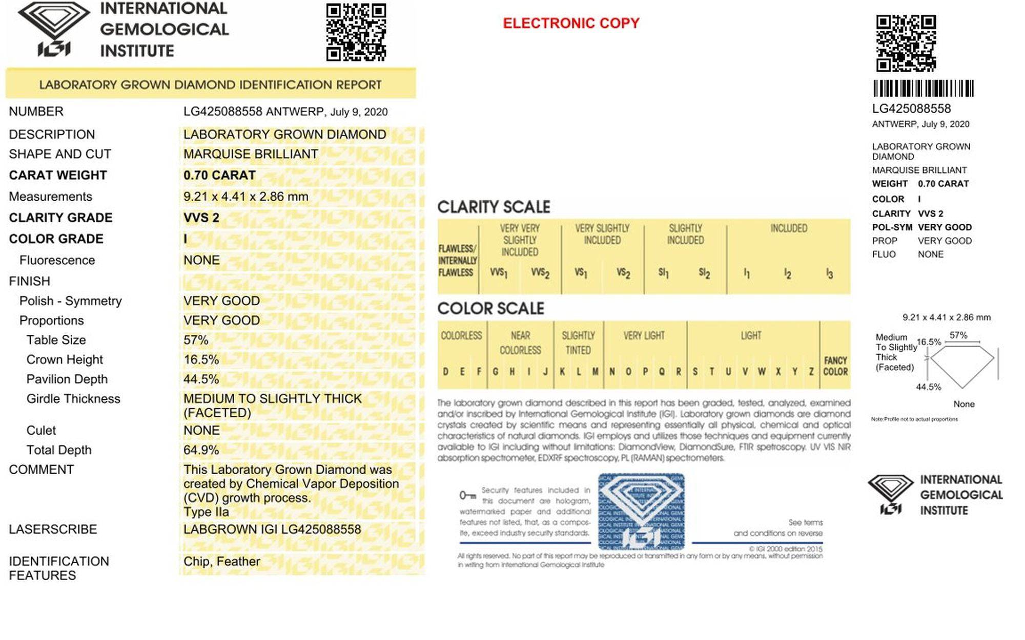 Hochwertiger 0,70ct IGI Marquise Diamant, I/VVS2, Labordiamant mit Zertifikat, CVD und HPHT von gems4u.eu