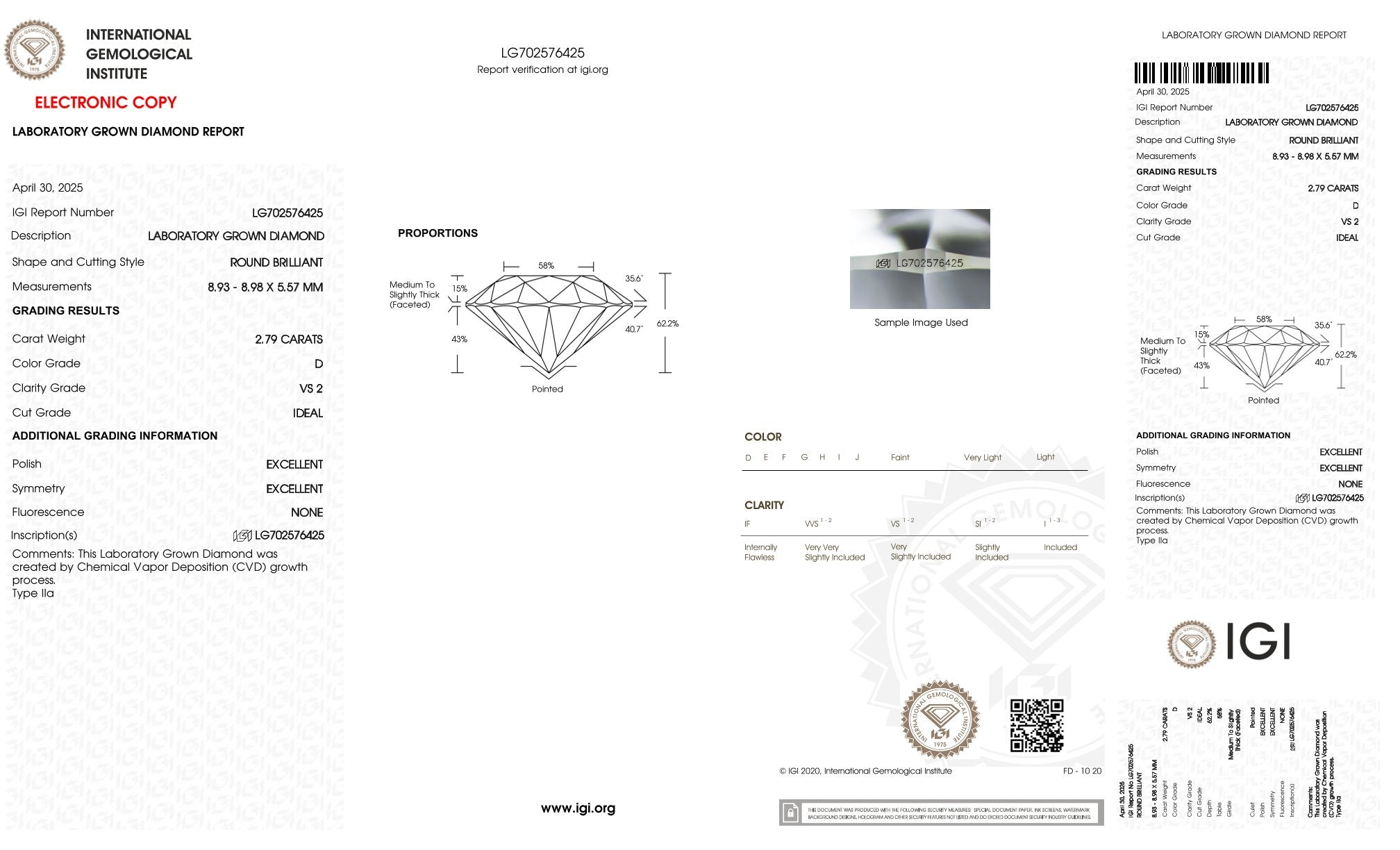 2,79ct IGI Diamant, D/ VS2, Labordiamant, Lab Grown, Zertifikat, CVD, HPHT