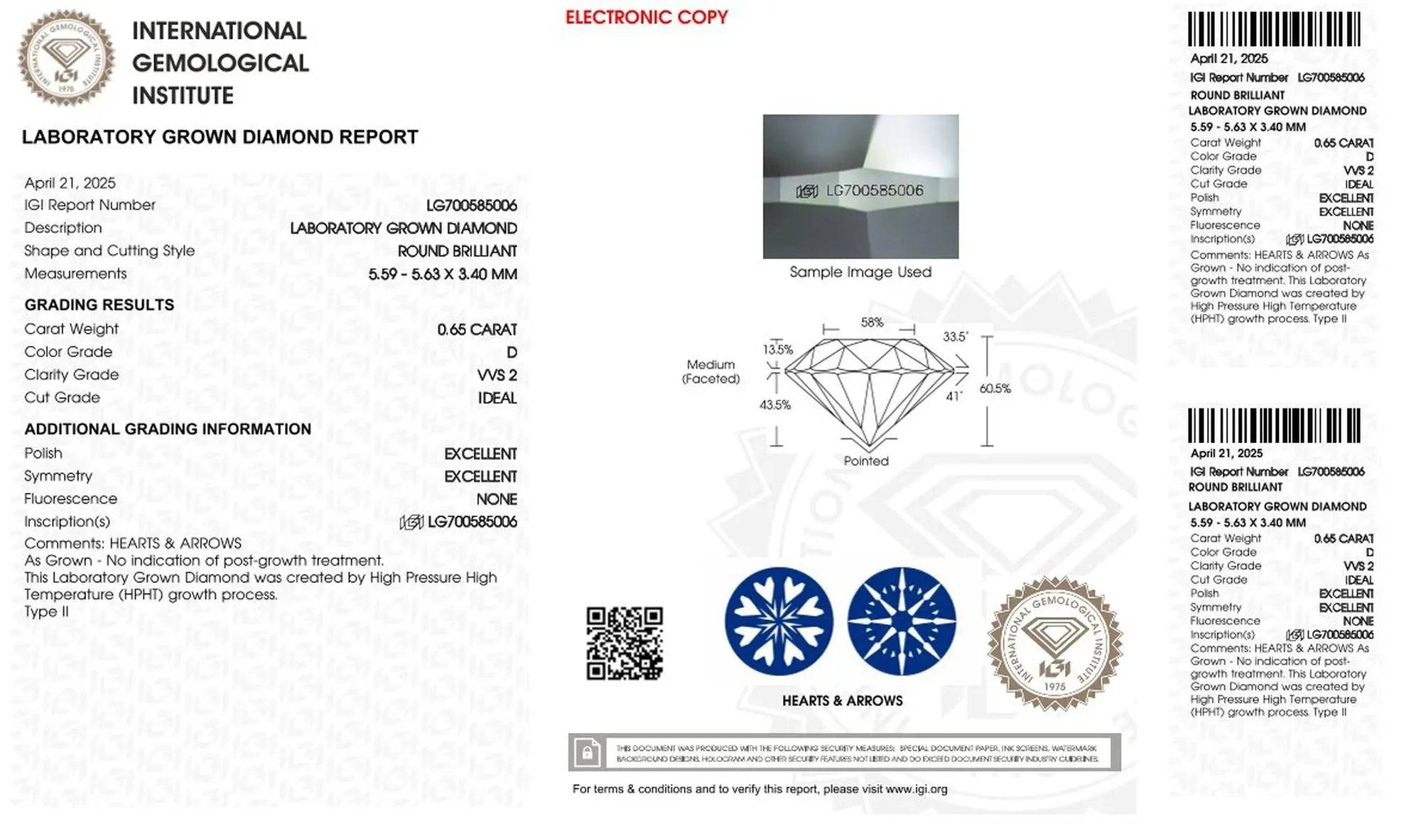 Hochwertiger 0,65ct IGI Diamant mit Hearts & Arrows, D/ VVS2, Labordiamant von gems4u.eu, CVD und HPHT Technologie