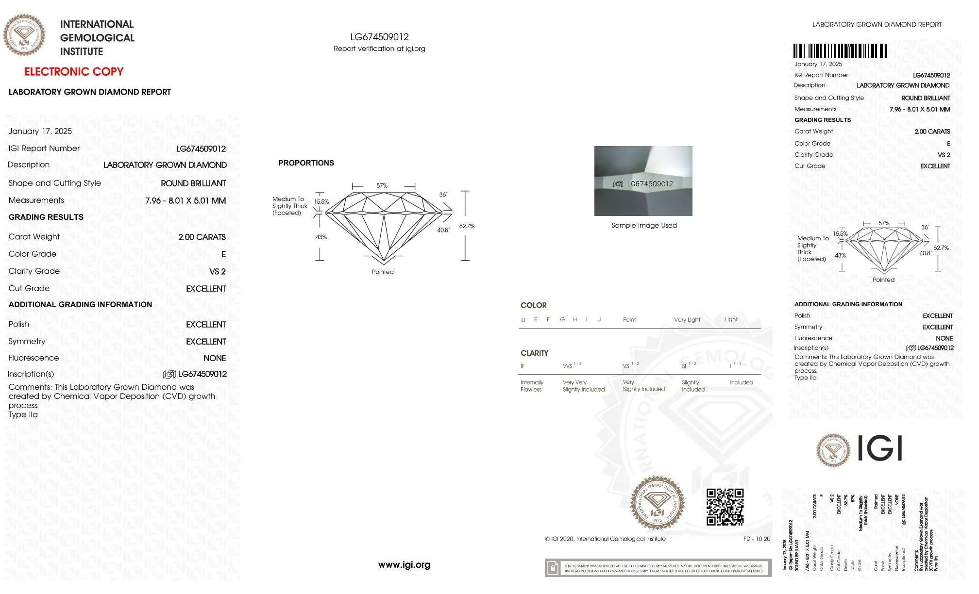 IGI-Zertifikat für 2 Karat runden Brillanten, laborgezüchteter Diamant, Farbe E, Reinheit VS2