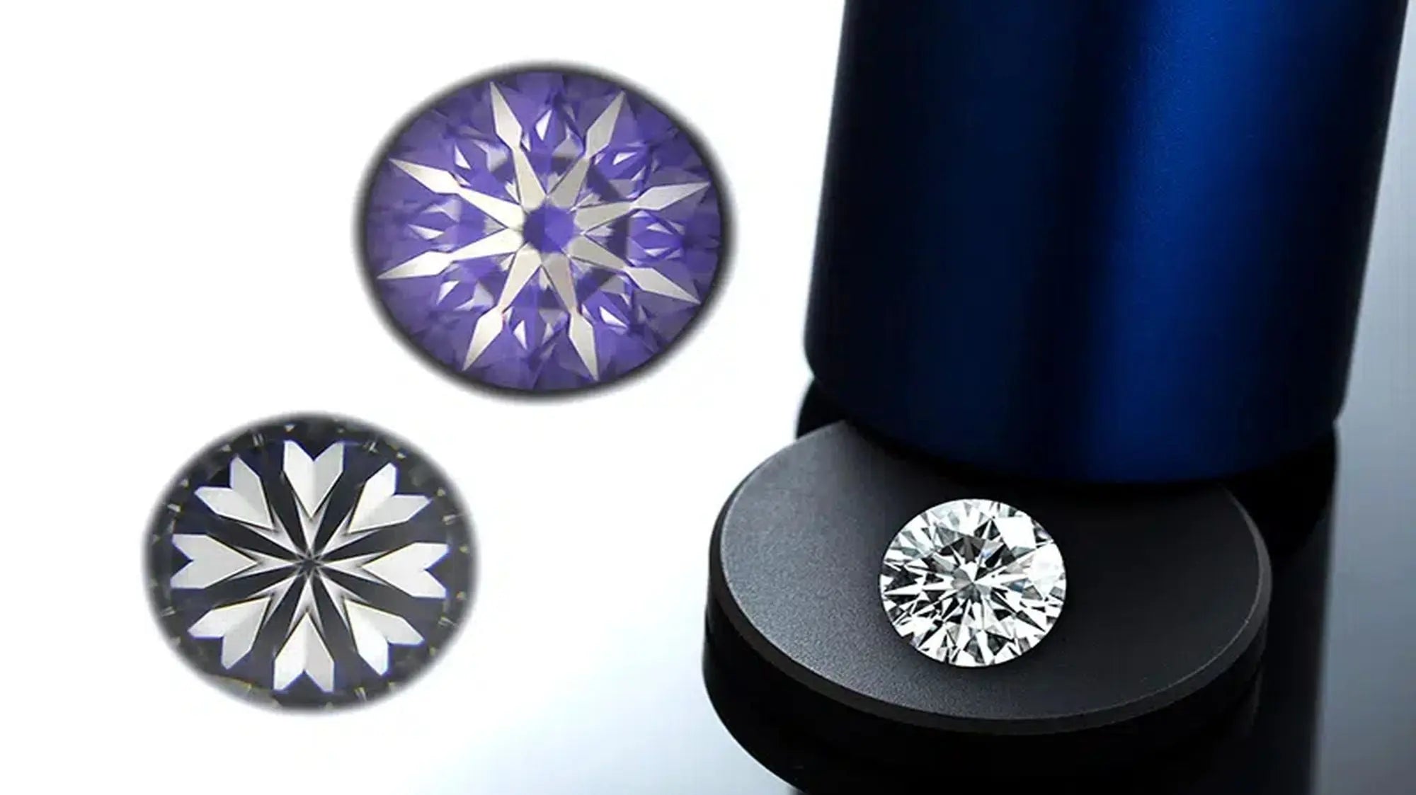 Nahaufnahme dreier runder Brillant Diamanten mit Hearts and Arrows Schliffmuster, Weißgold-Look