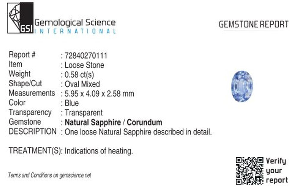 0,58ct ovaler natürlicher Saphir, Farbe Blau, Reinheit Augenrein, facettierter Schliff