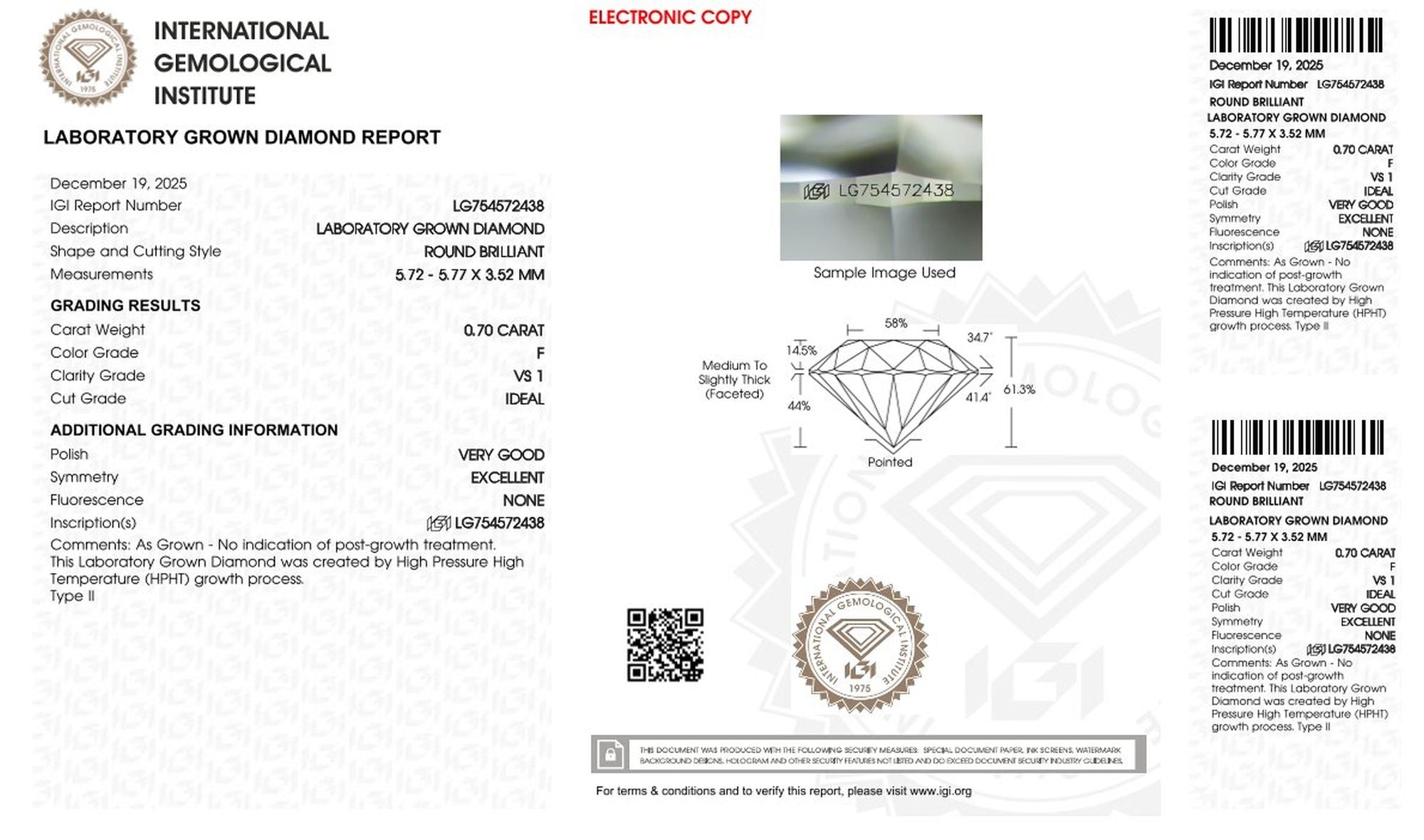 0,70ct IGI Diamant, F/ VS1, Labordiamant, Lab Grown, Zertifikat, CVD, HPHT - gems4u.eu