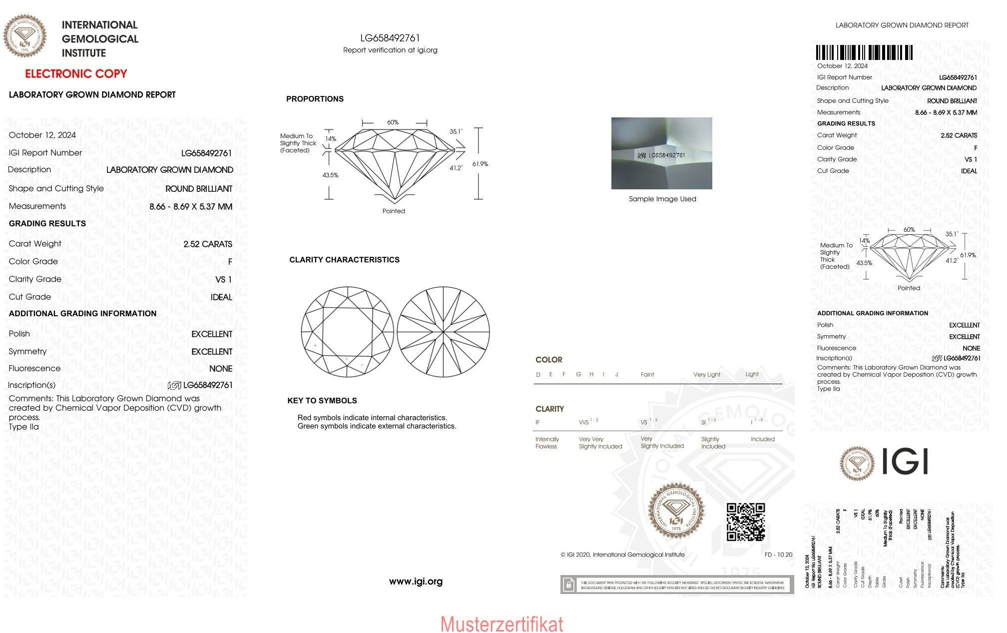 2,52ct IGI Diamant, F/ VS1, Labordiamant, Lab Grown, Zertifikat, CVD, HPHT