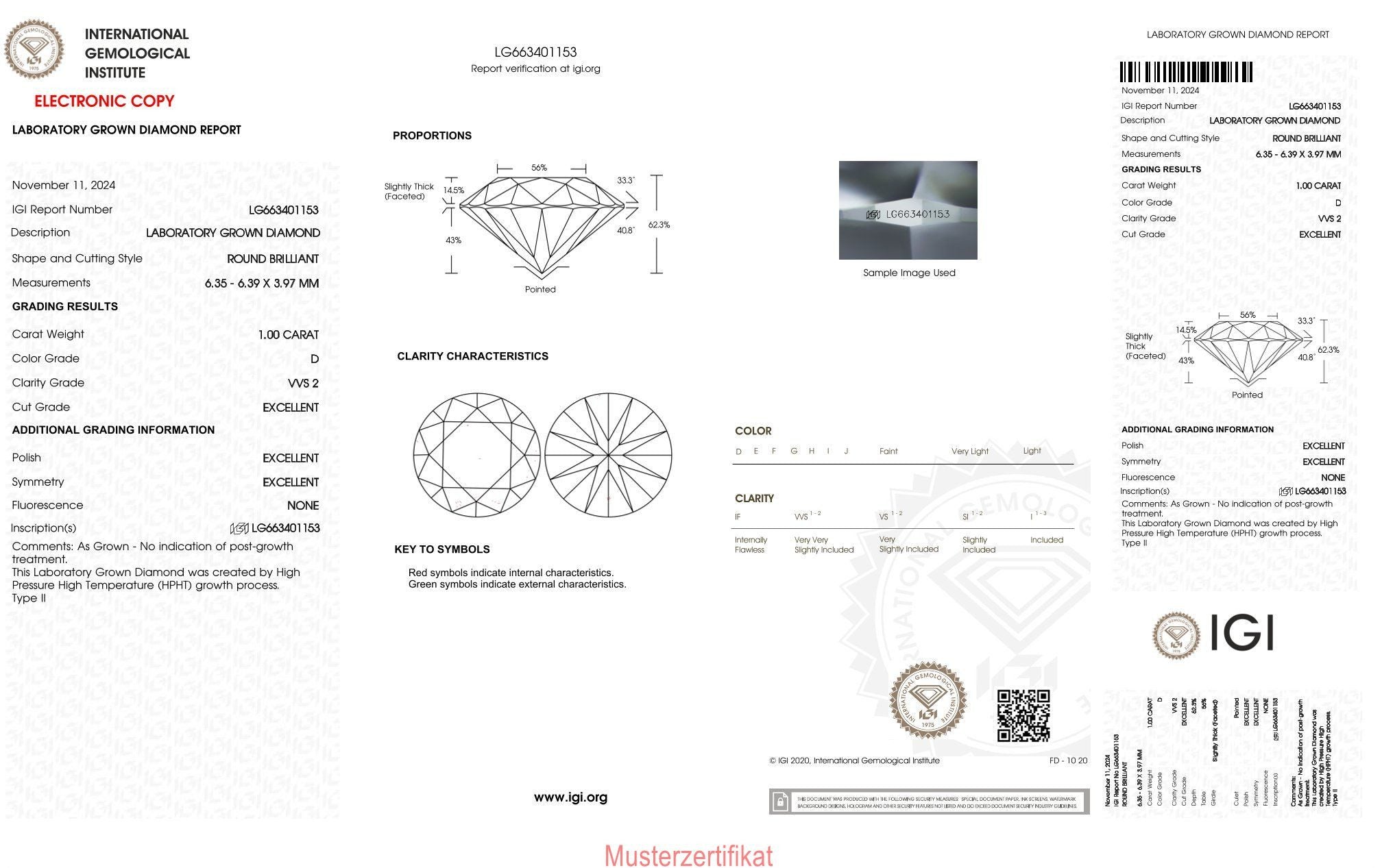 1.00ct IGI diamond, D/ VVS2, laboratory diamond, lab grown, certificate, CVD, HPHT