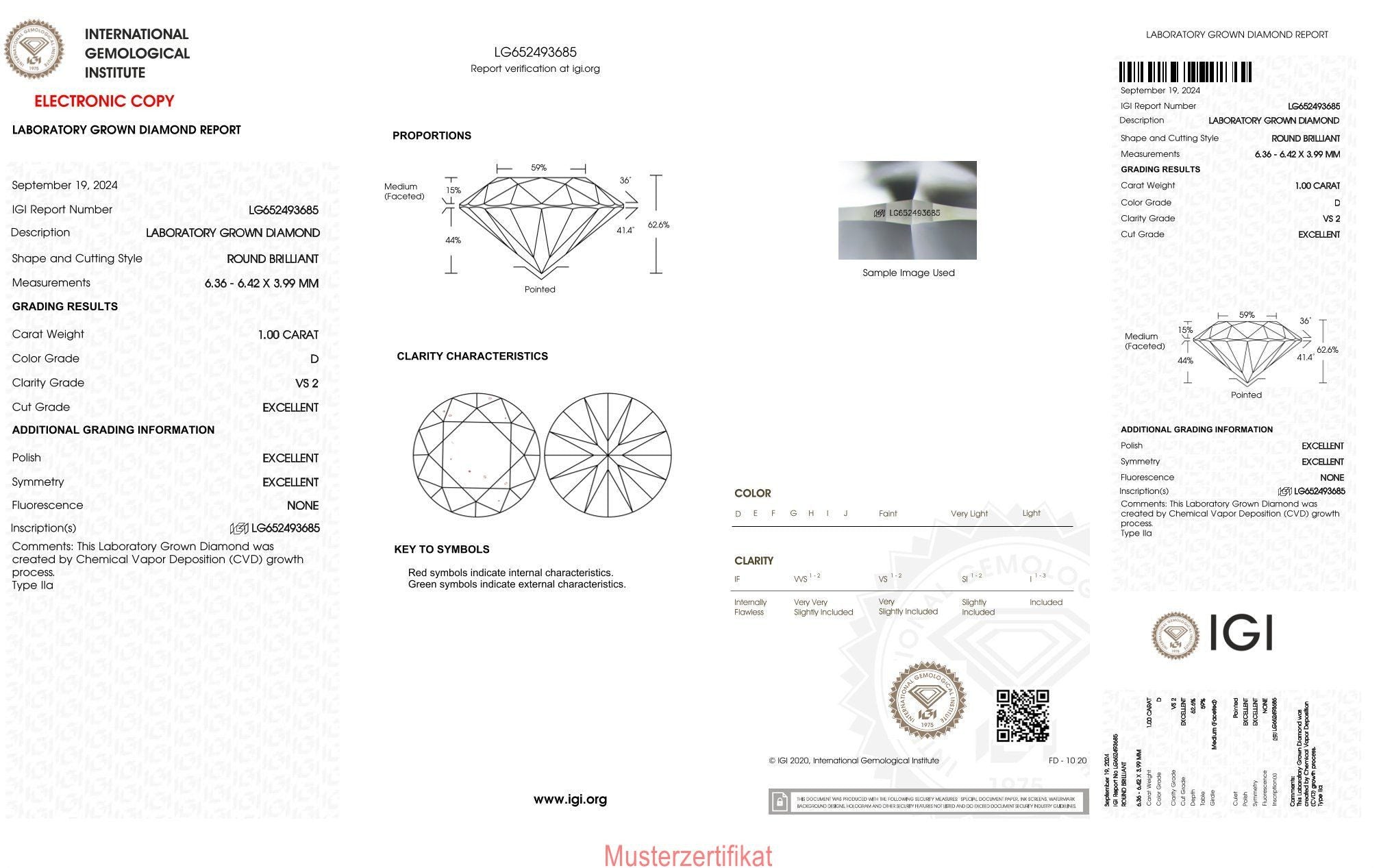 1.00ct IGI diamond, D/ VS2, laboratory diamond, lab grown, certificate, CVD, HPHT