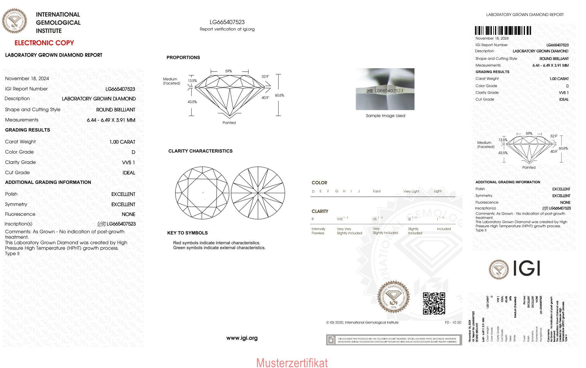 1.00ct IGI diamond, D/ VVS1, laboratory diamond, lab grown, certificate, CVD, HPHT