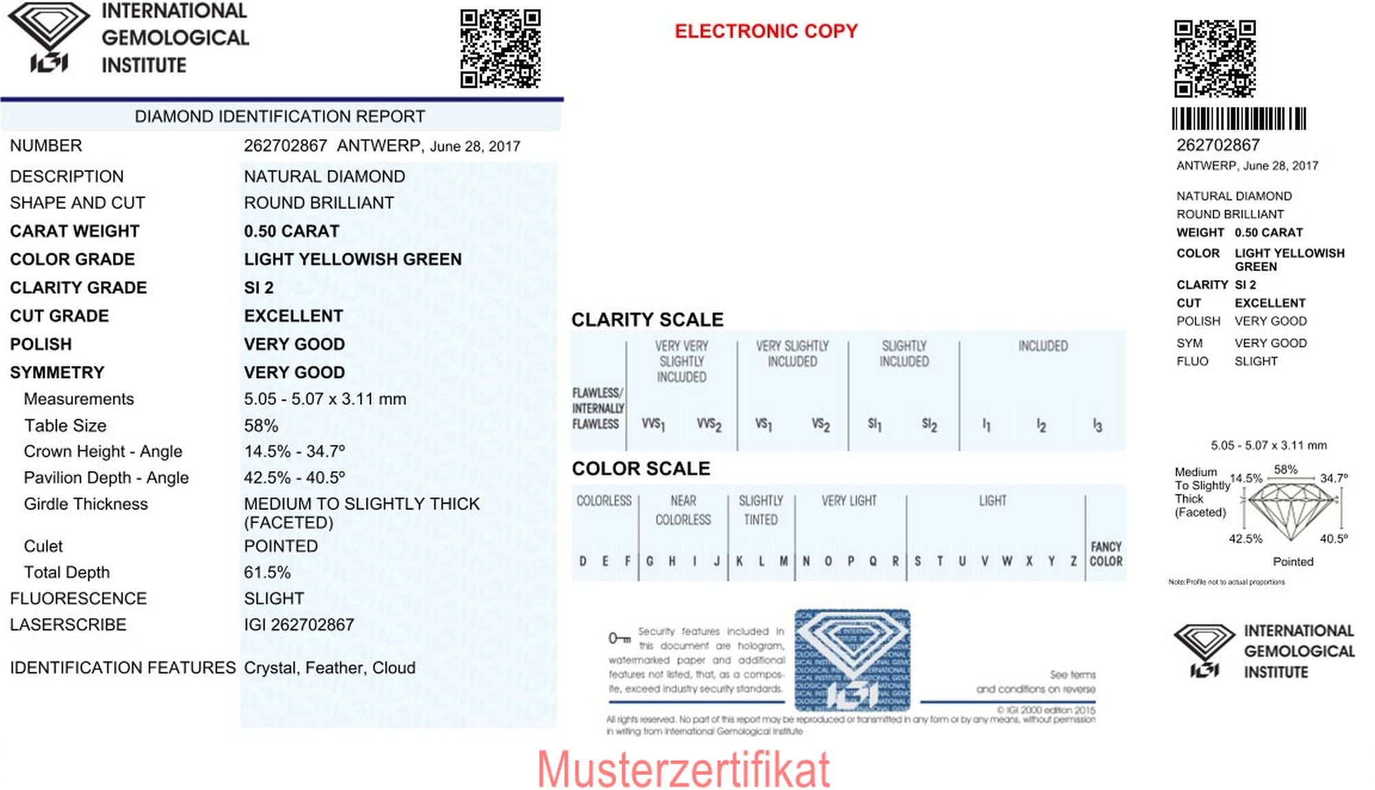 0,50ct runder, natürlicher, loser Diamant (Hellgelbgrün, Reinheit SI2, Schliff EX, IGI)