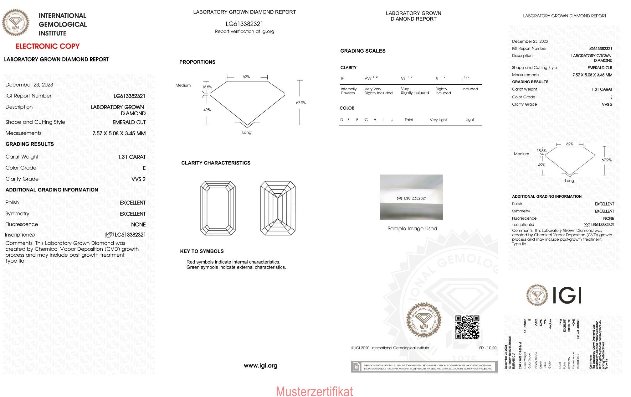 1,31ct IGI Smaragd Diamant, E/ VVS2, Labordiamant, Lab Grown, Zertifikat, CVD, HPHT